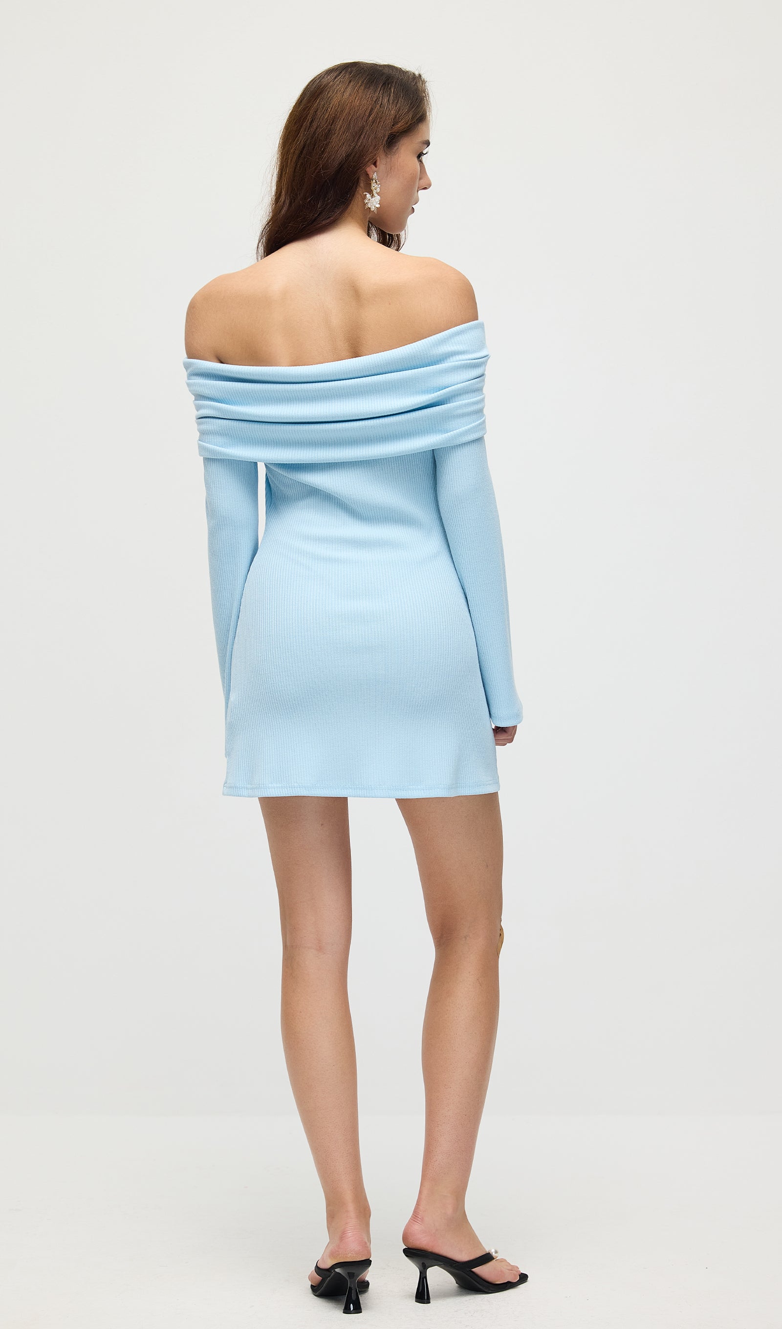 Off Shoulder Rib Knit Mini Dress In Baby Blue