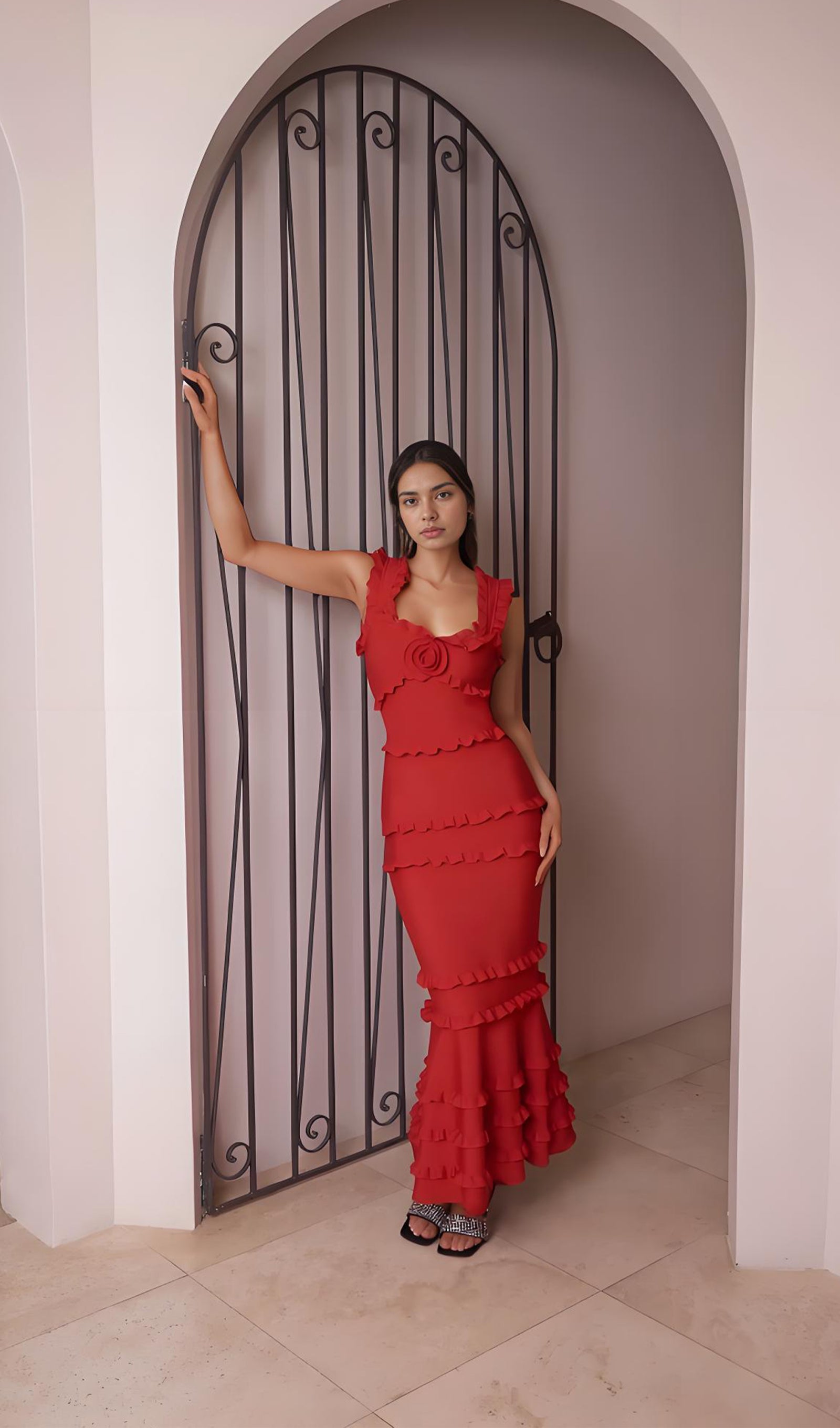 Sleeveless Frill Maxi Dress In Red