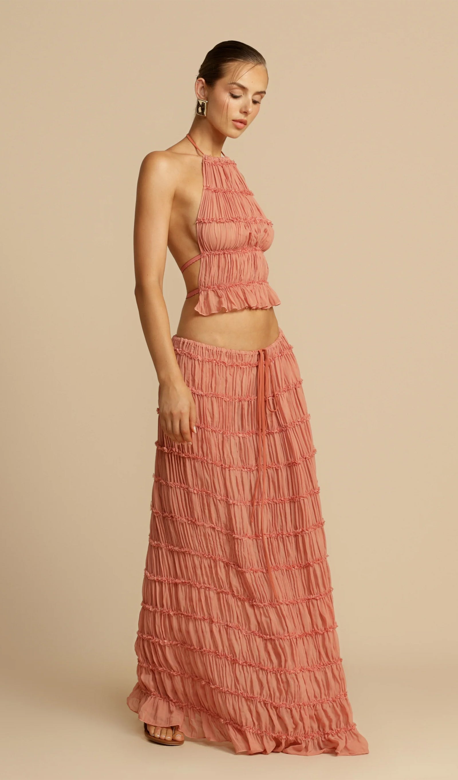 Halter Top & Ruched Detail Maxi Skirt Sets