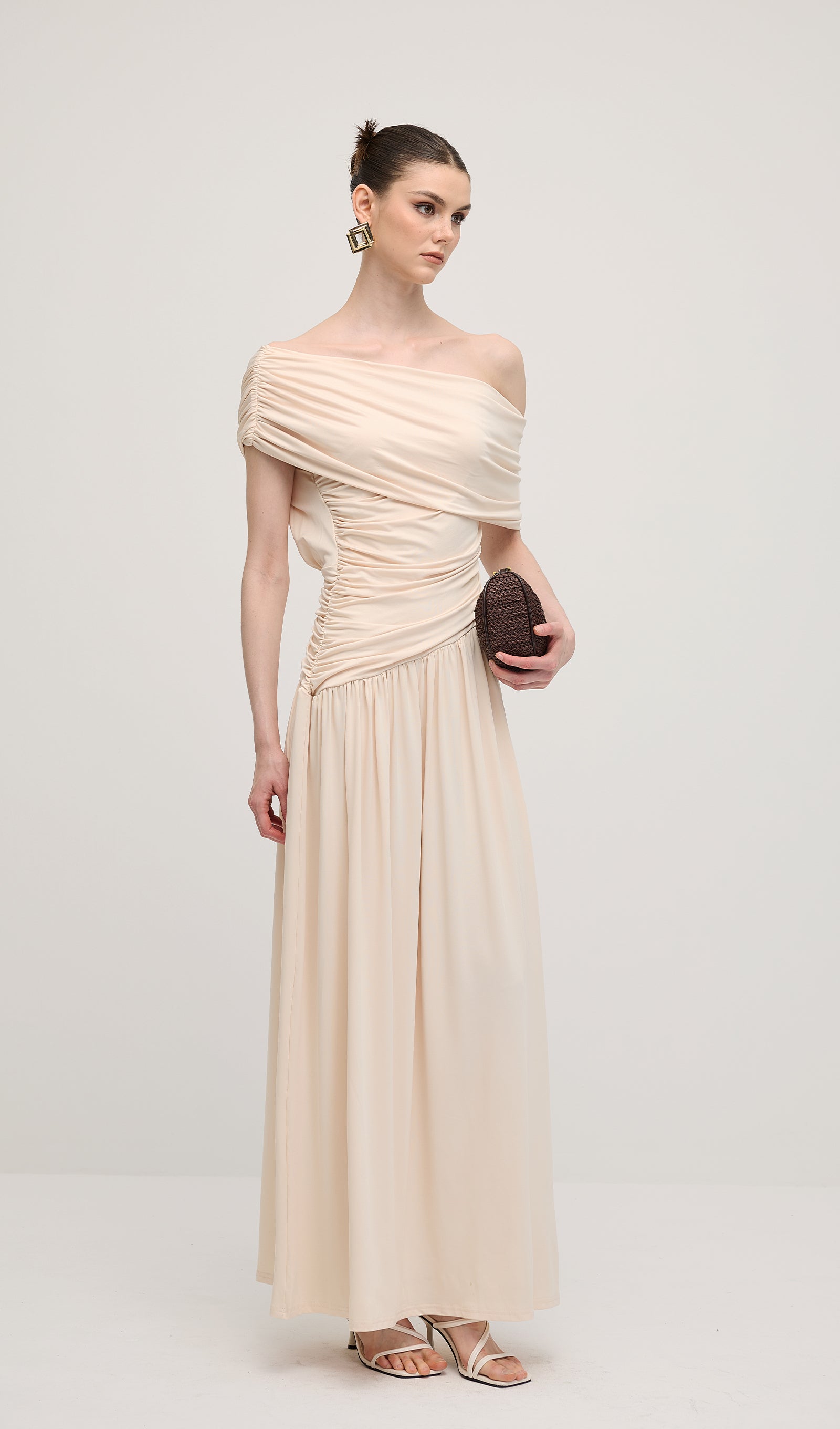 Off Shoulder Pleated Maxi Dress In Dune