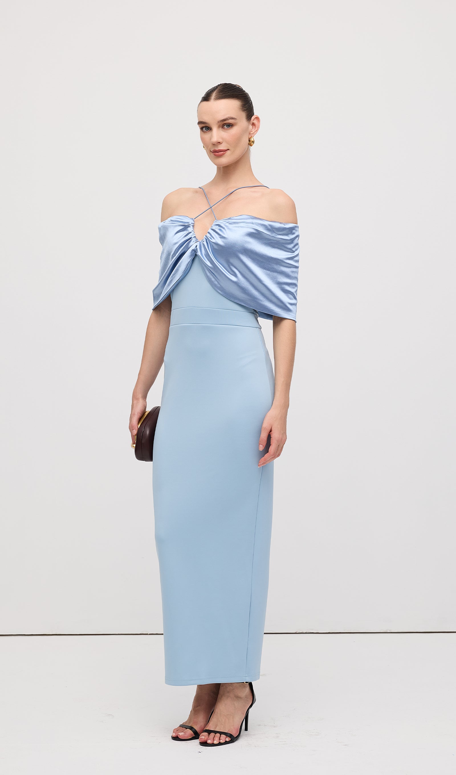 Off Shoulder Draped Satin Maxi Dress