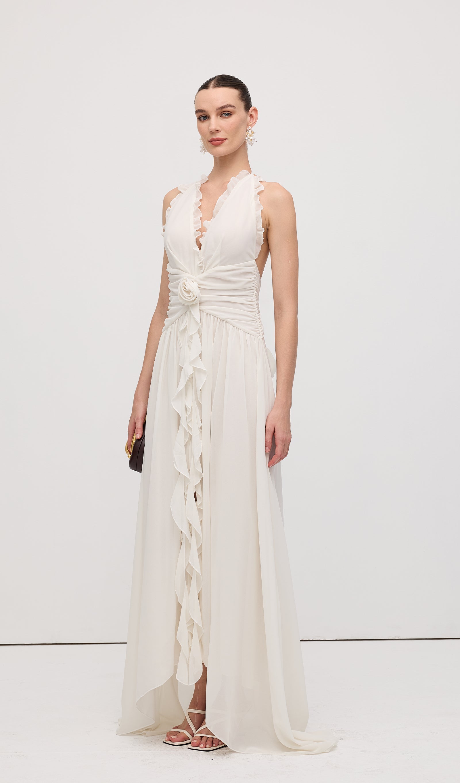 Halter Ruffles Rose Decoration Maxi Dress White