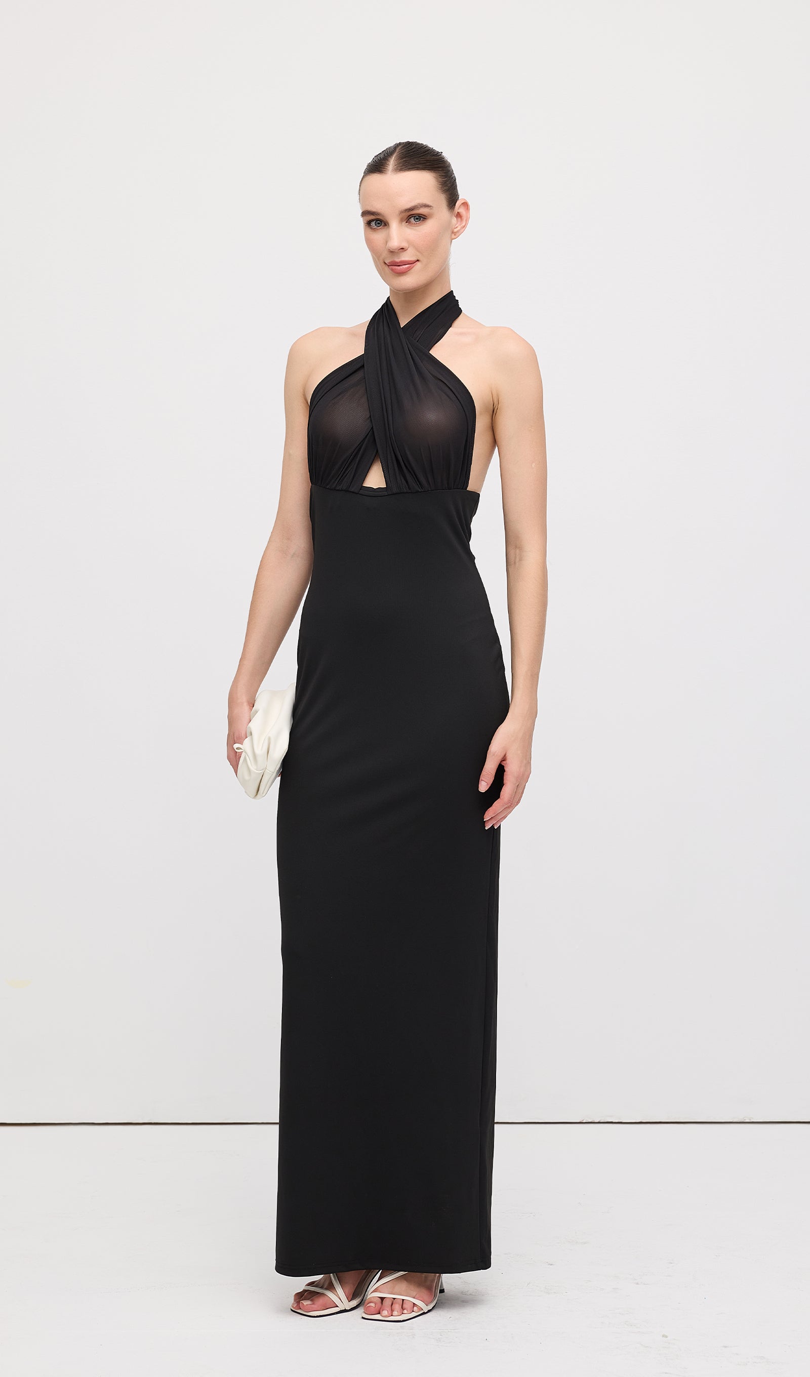 Halter Mesh Maxi Dress In Black