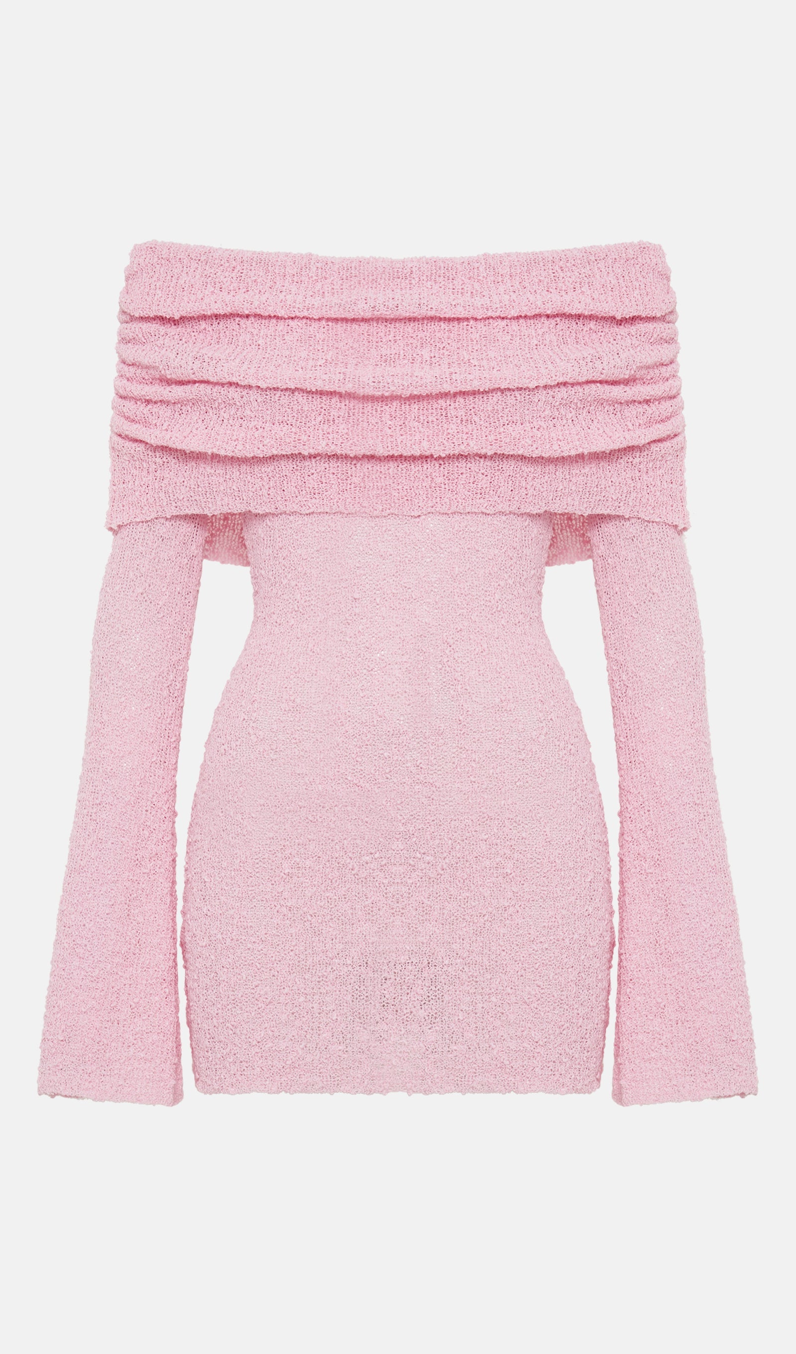 Off Shoulder Boucle Knit Mini Dress In Pink