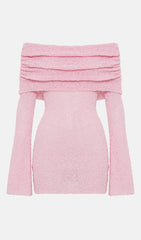 Off Shoulder Boucle Knit Mini Dress In Pink