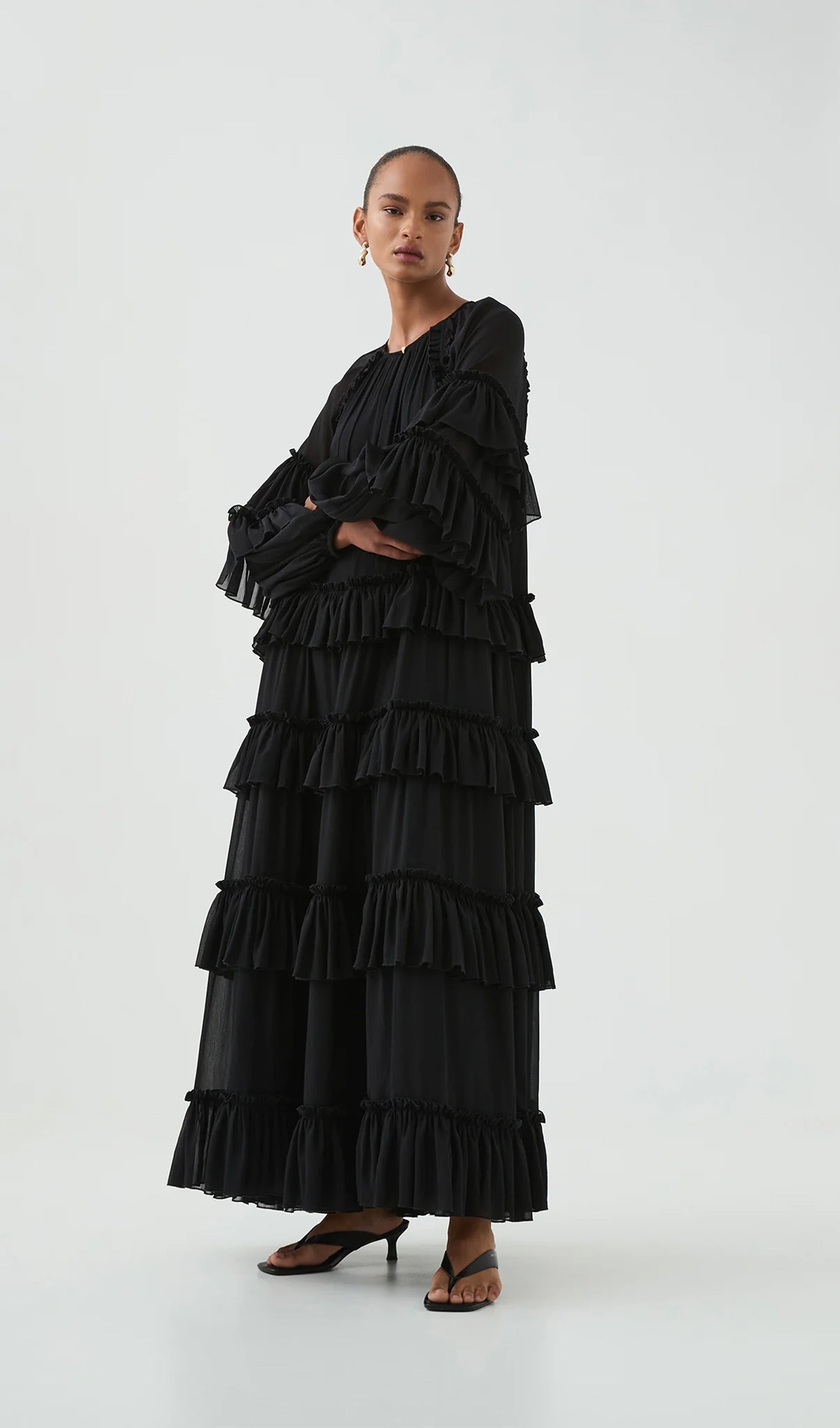 Ruffle Tiered Puff Sleeve Maxi Dress