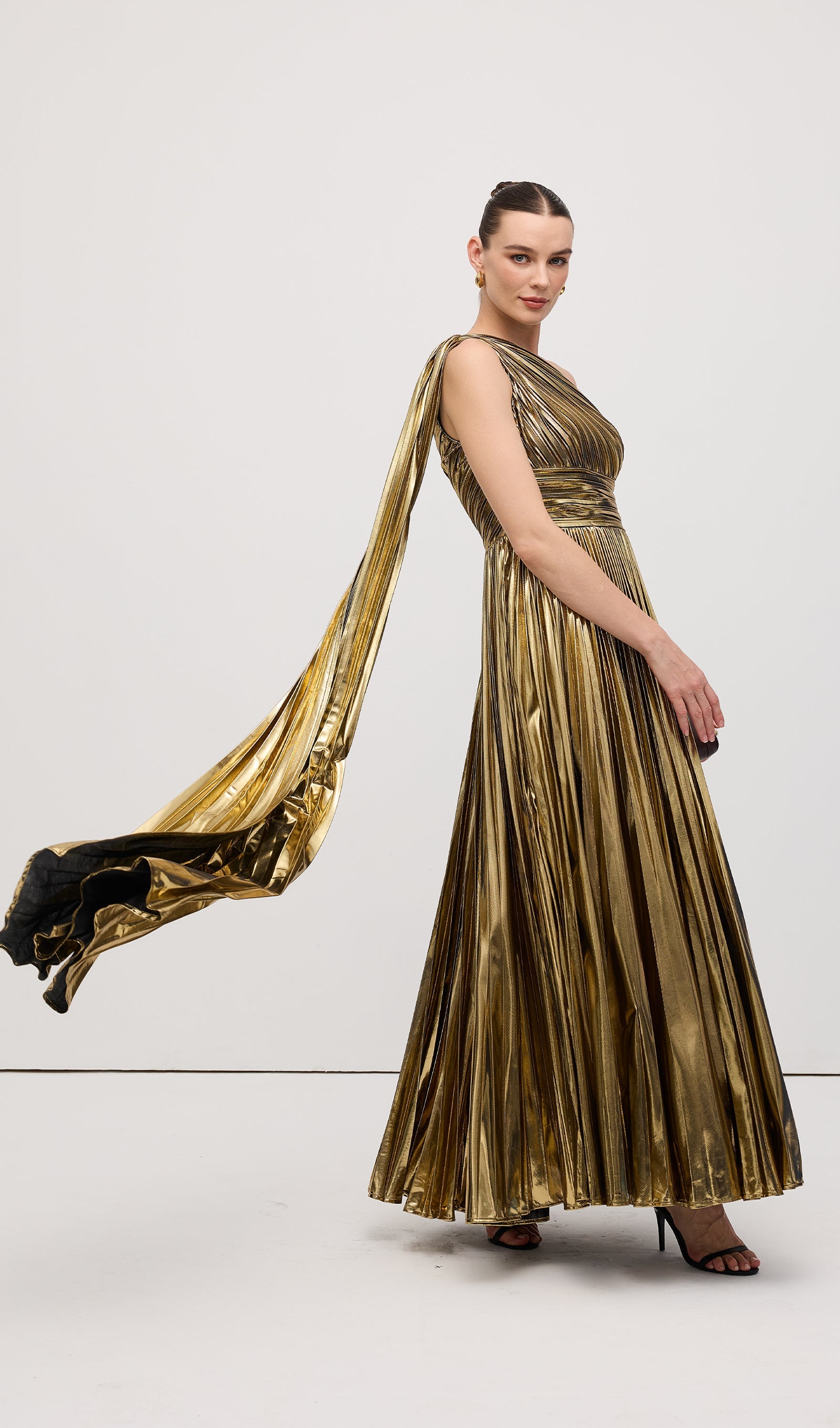 Pleated Metallic One Shoulder Maxi Dress