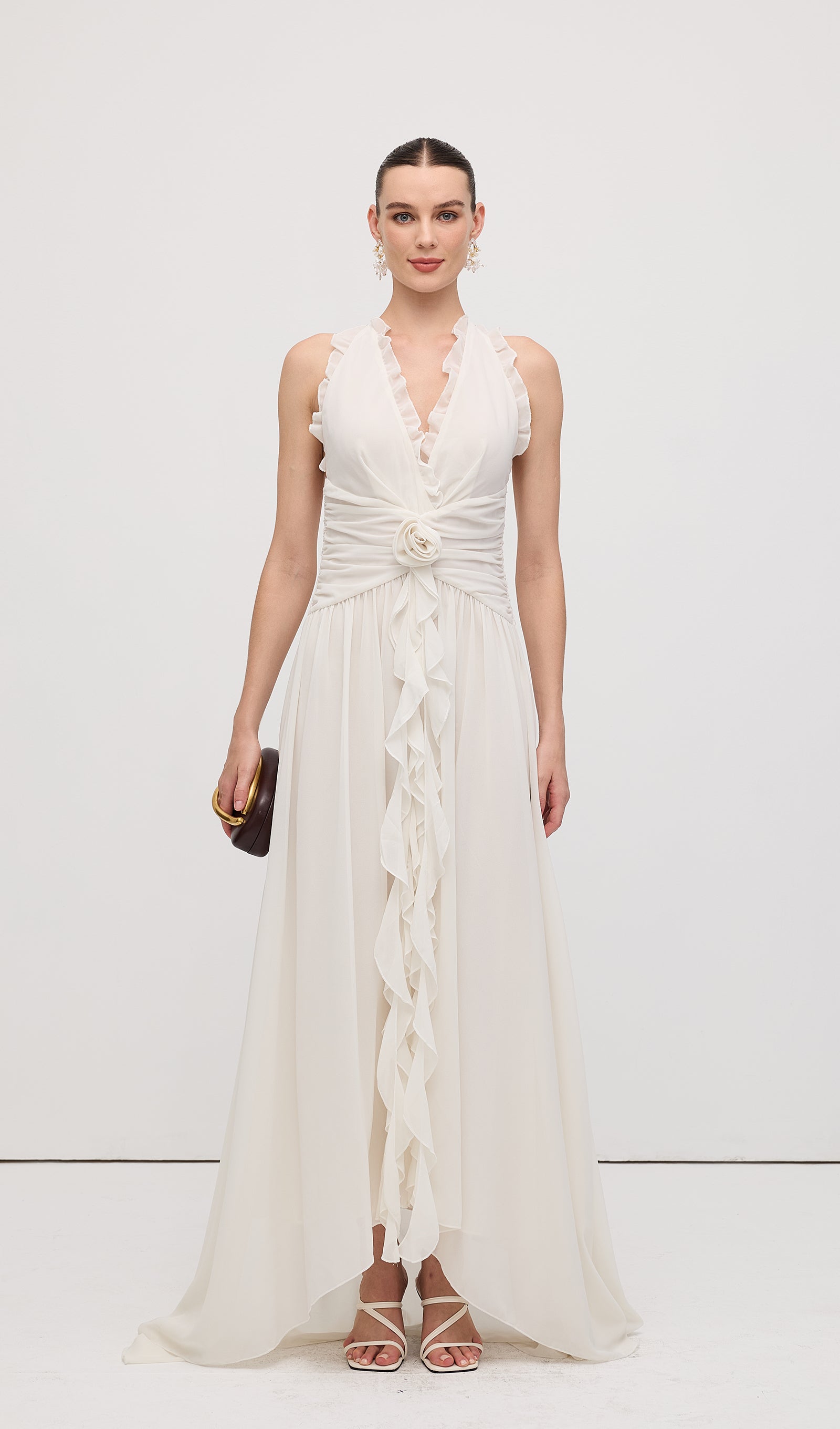 Halter Ruffles Rose Decoration Maxi Dress White