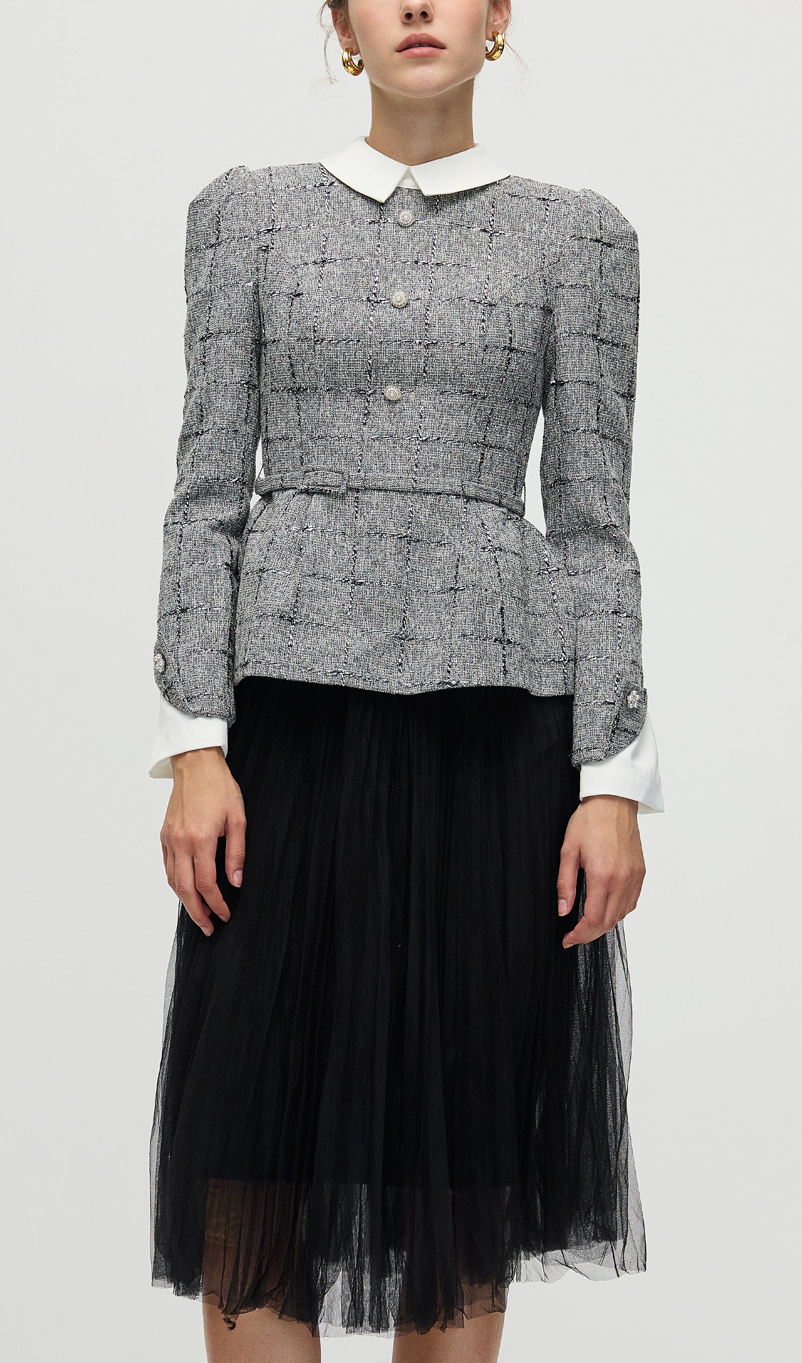 Peplum Tweed Top & Mesh Midi Skirt Set