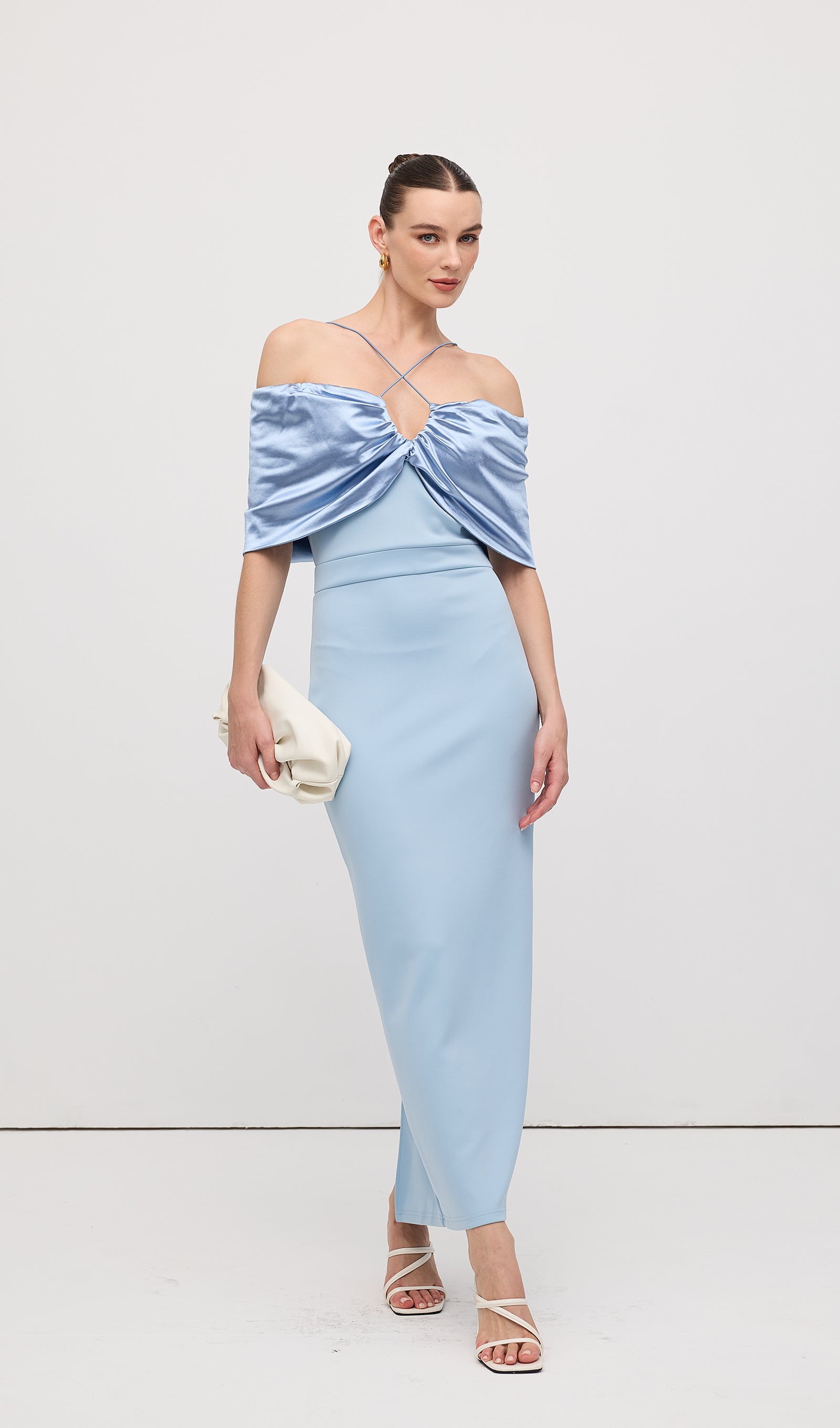 Off Shoulder Draped Satin Maxi Dress