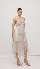 Halter Tulle Pleated Midi Dress In Pink