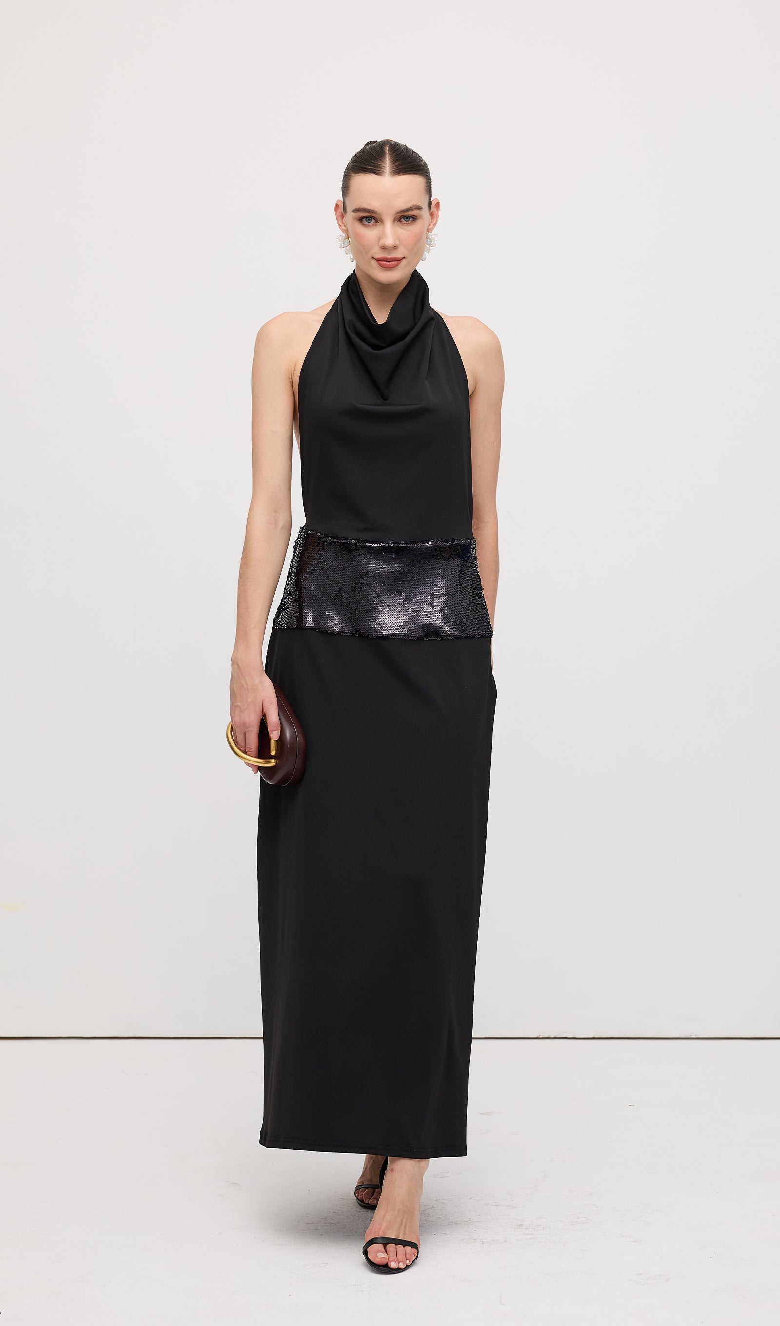 Draped Cowl Neck Open Back Maxi Dress