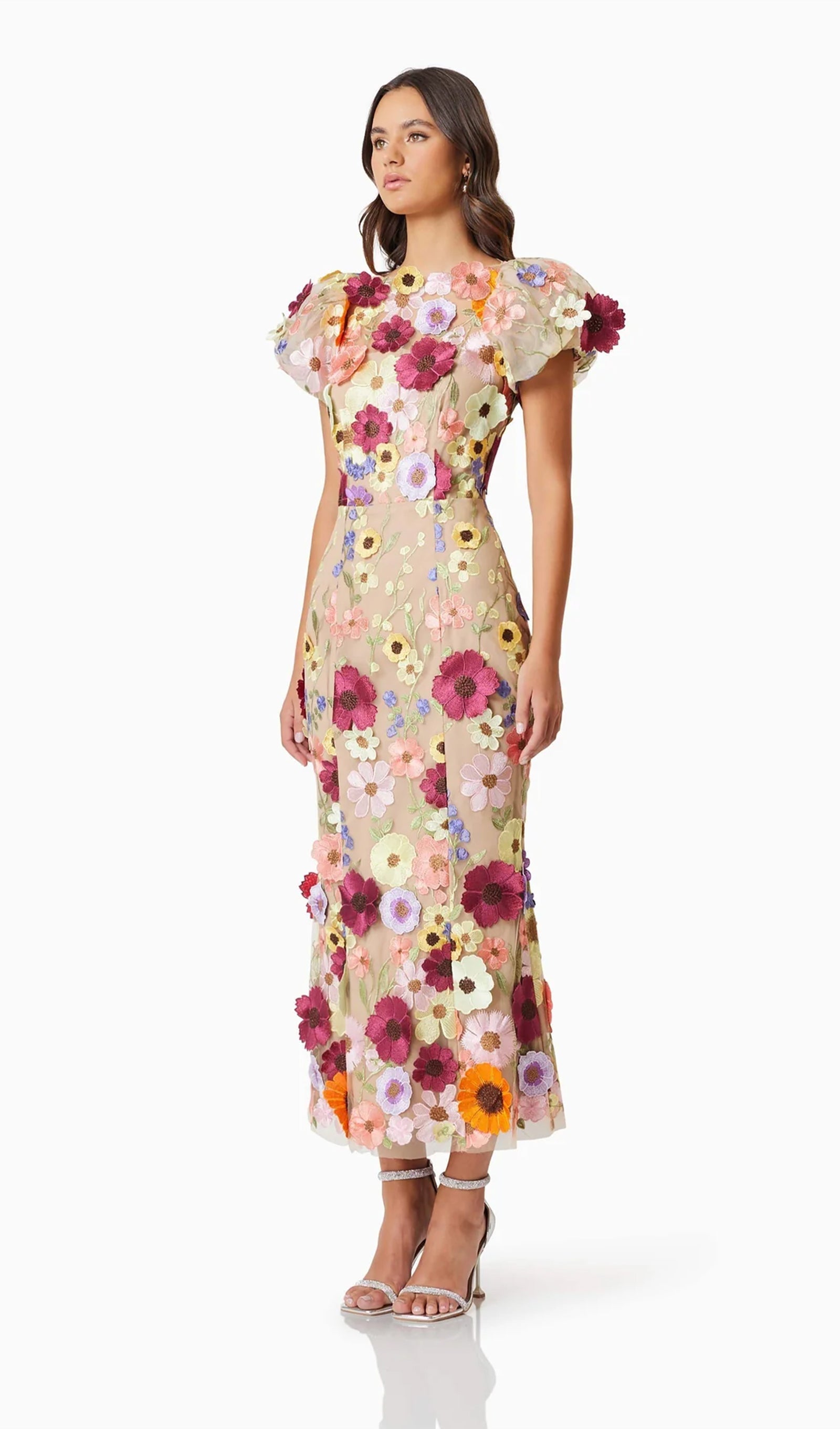 Floral 3D Lace Midi Dress In Apricot