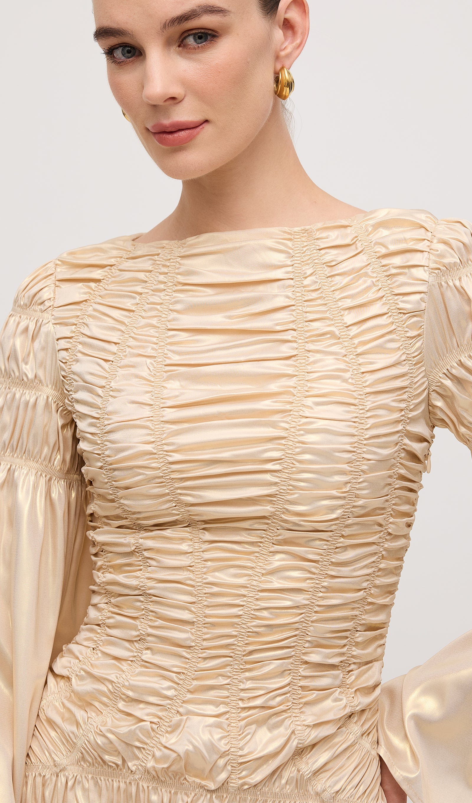 Metallic Elasticated Gathers Maxi Dress In Solid