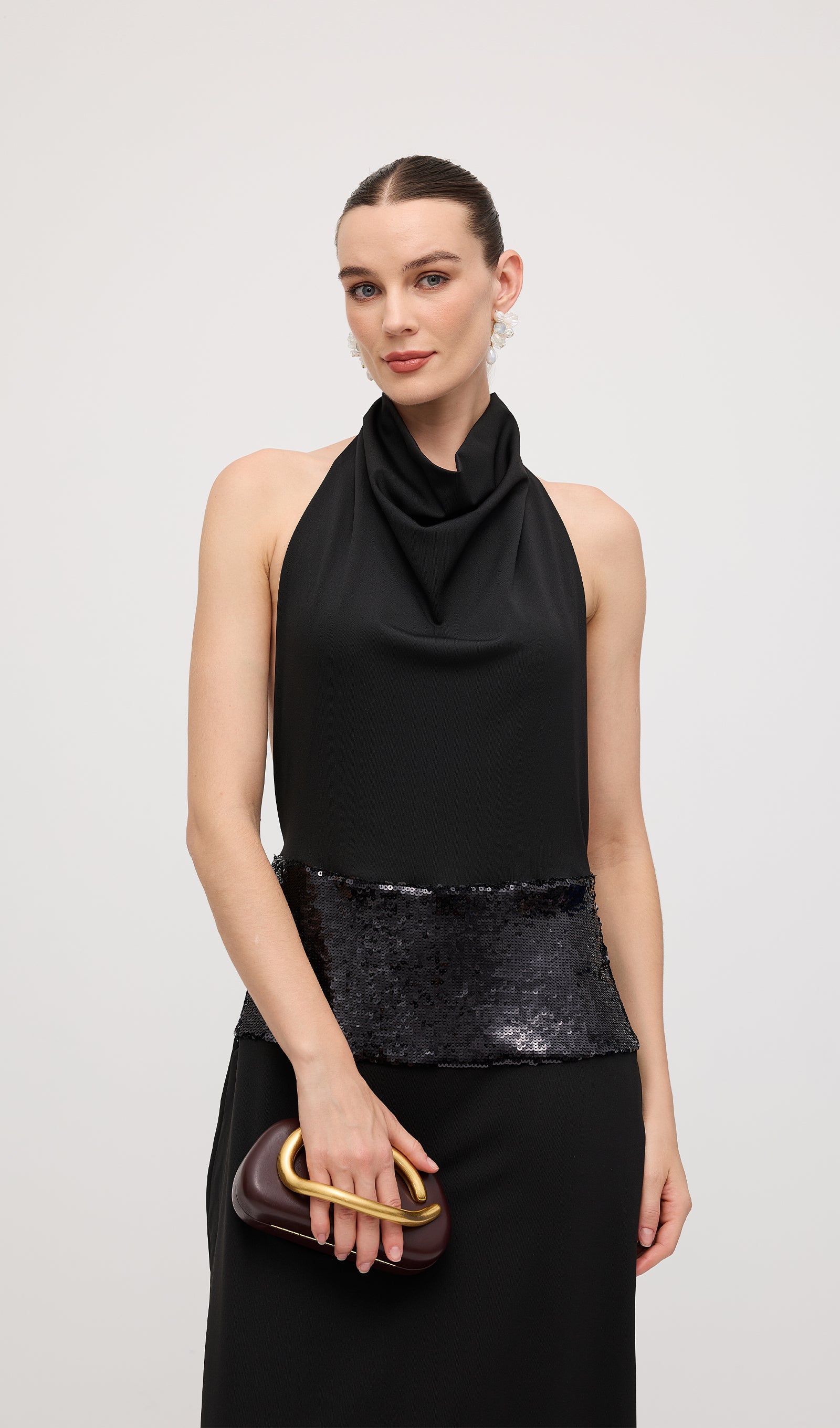 Draped Cowl Neck Open Back Maxi Dress