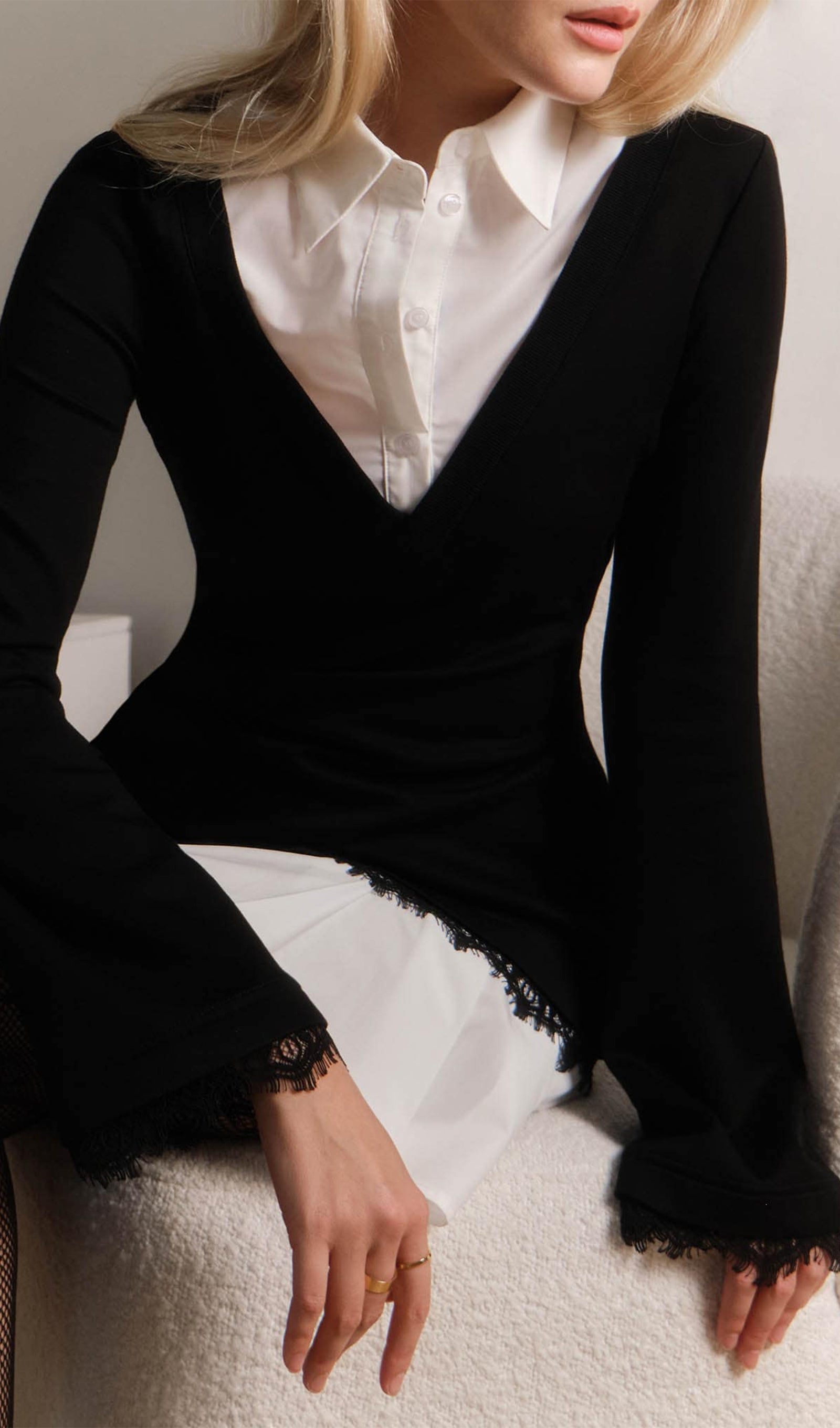 Shirt With Imitation Lace Decor Mini Dress