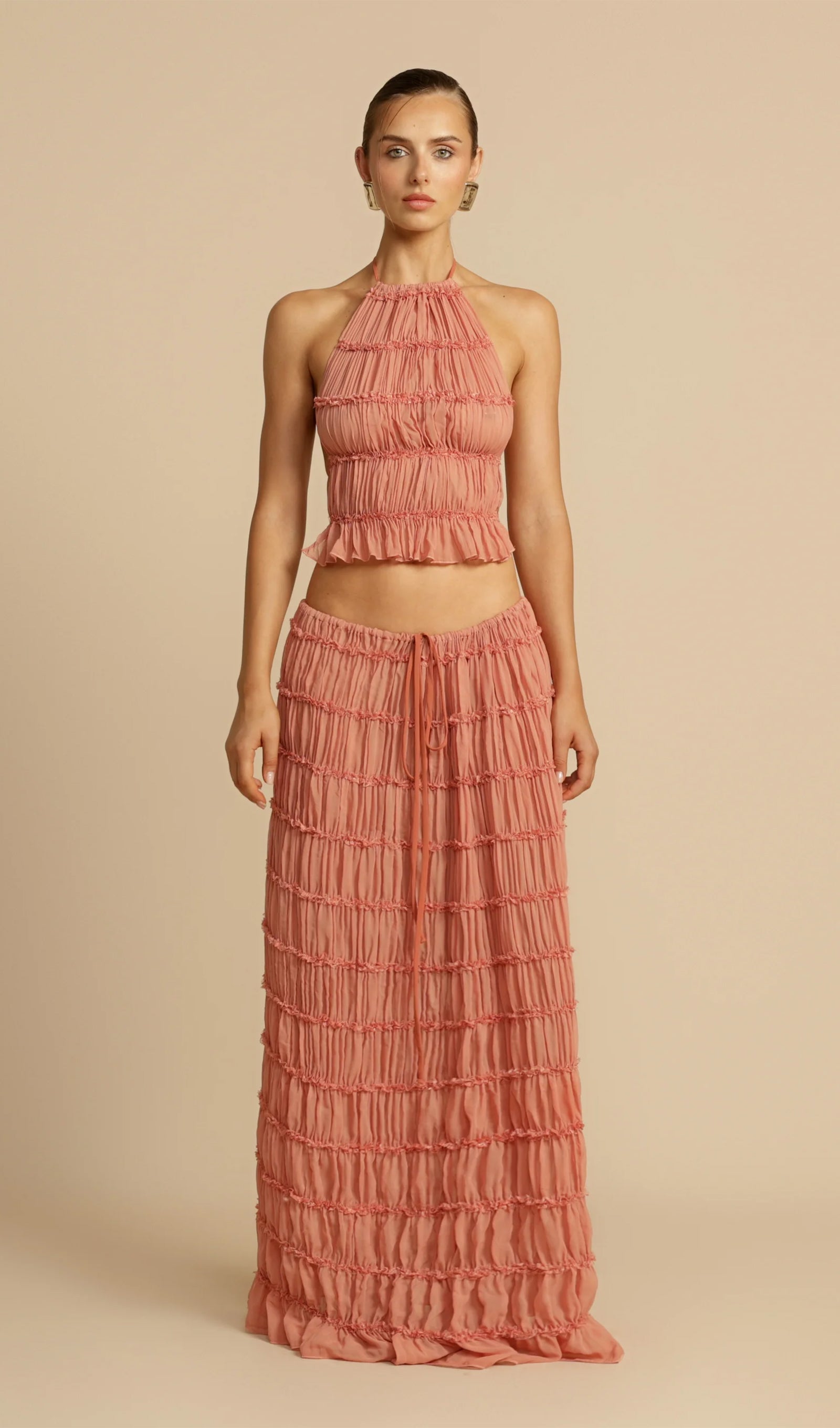 Halter Top & Ruched Detail Maxi Skirt Sets