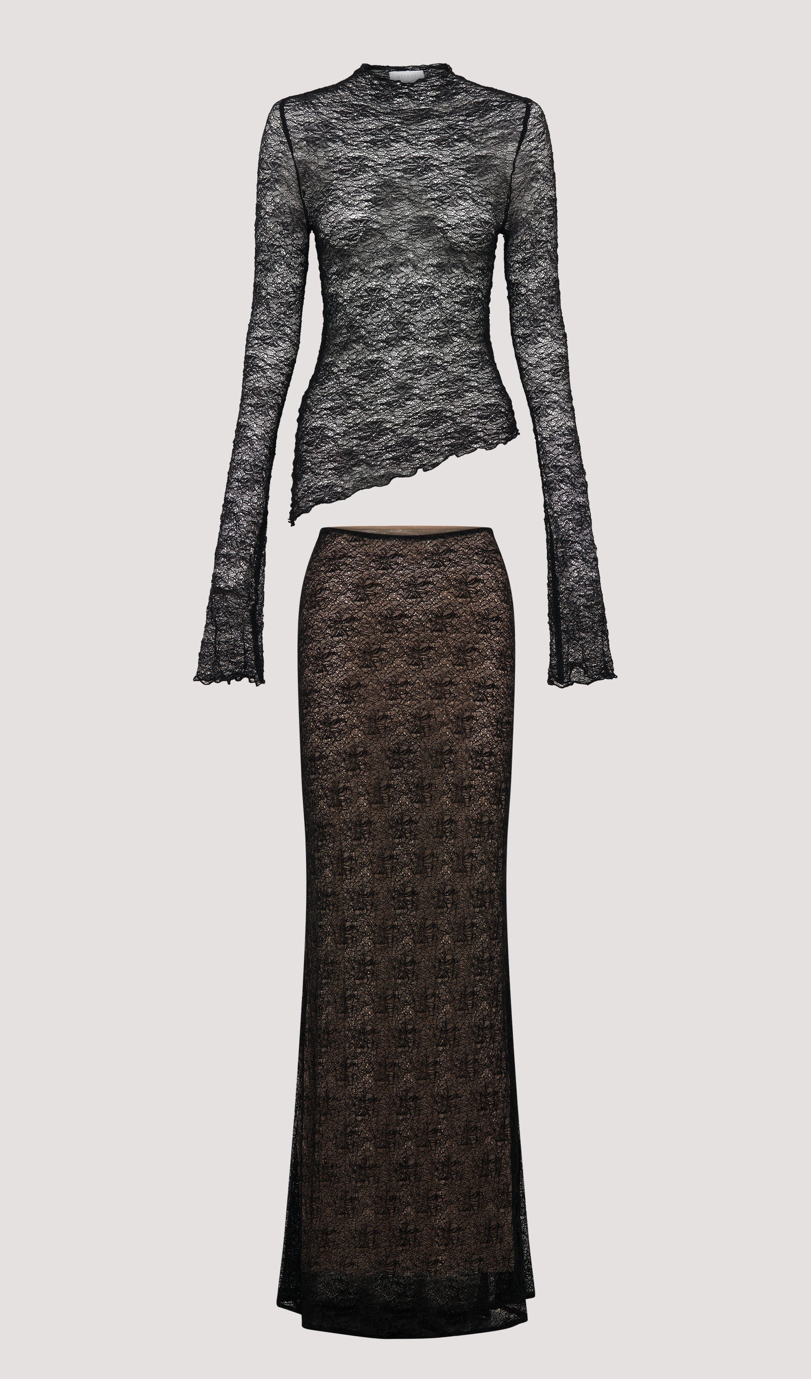 Sheer Lace Top & Maxi Skirt Sets In Black