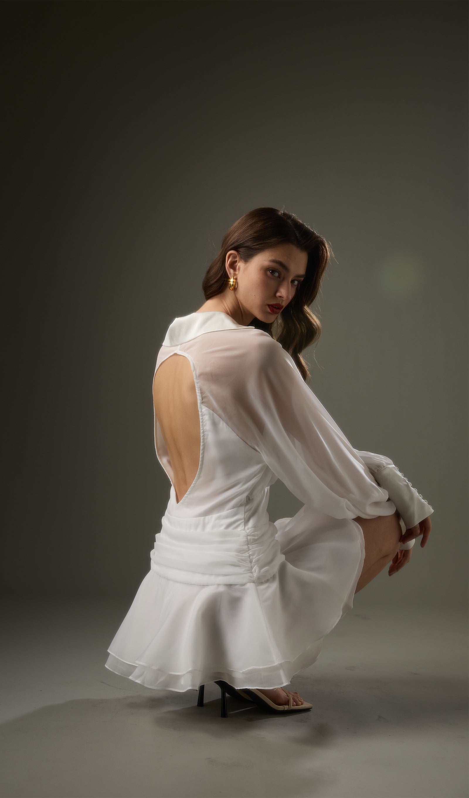 Solid Lantern Sleeve Mini Dress In White