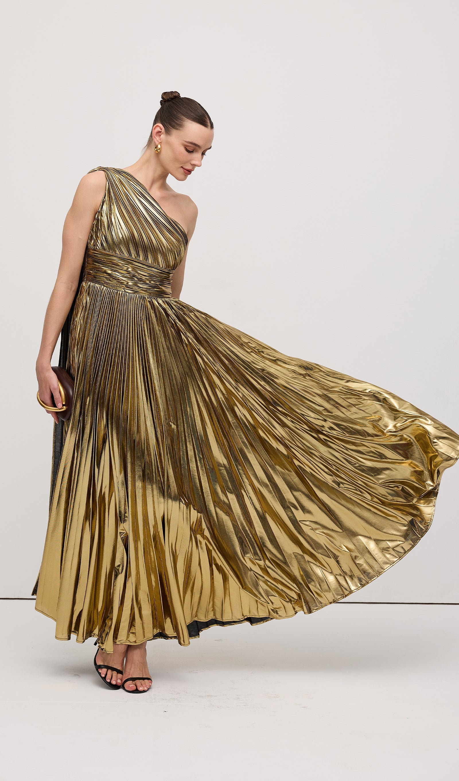 Pleated Metallic One Shoulder Maxi Dress