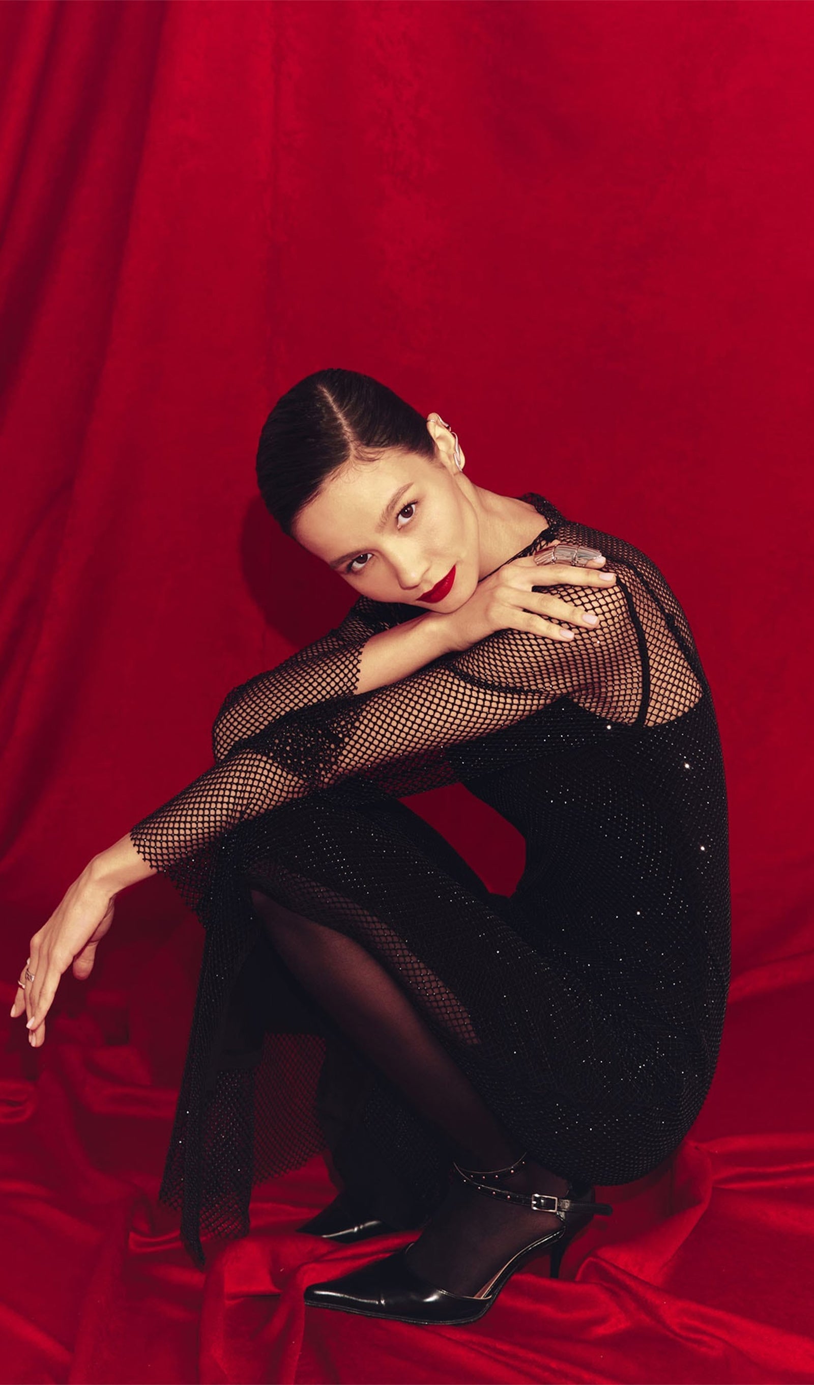 Mesh With Monochrome Lining  Maxi Dress In Black