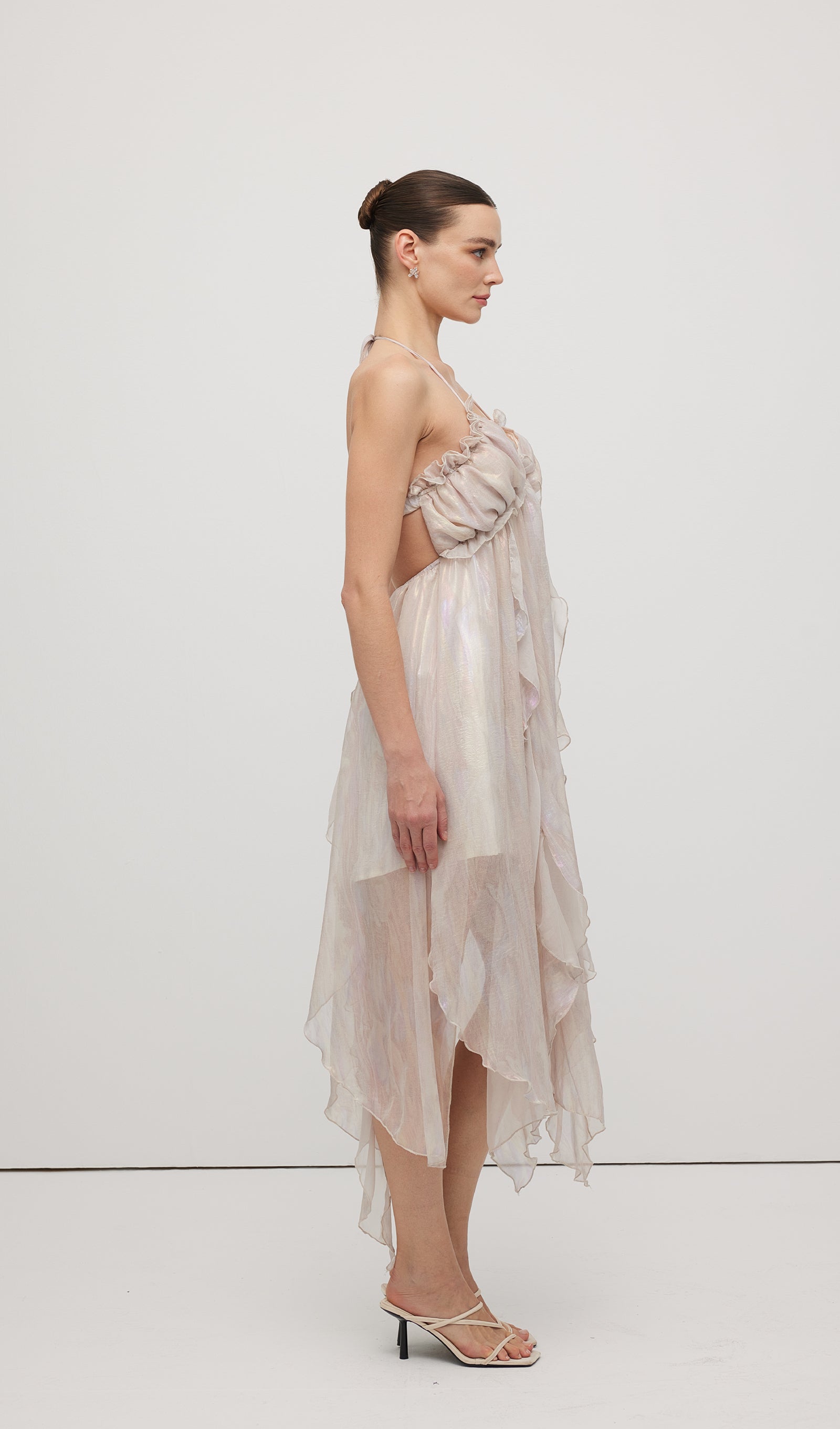 Halter Tulle Pleated Midi Dress In Pink