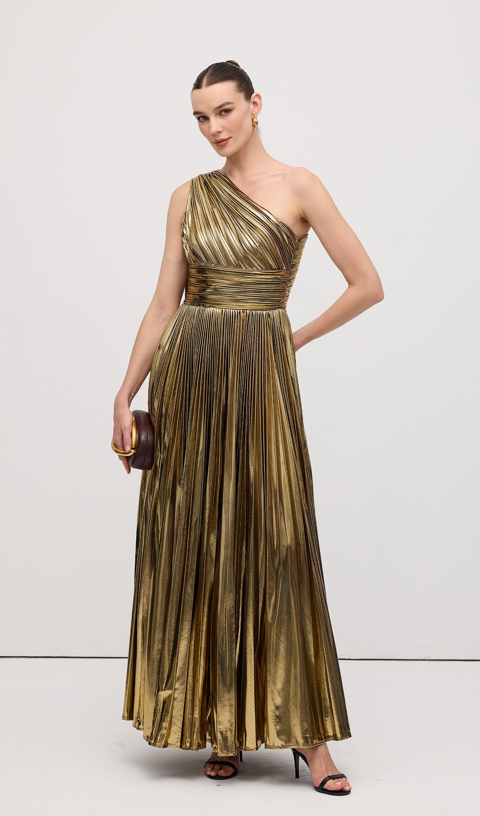 Pleated Metallic One Shoulder Maxi Dress
