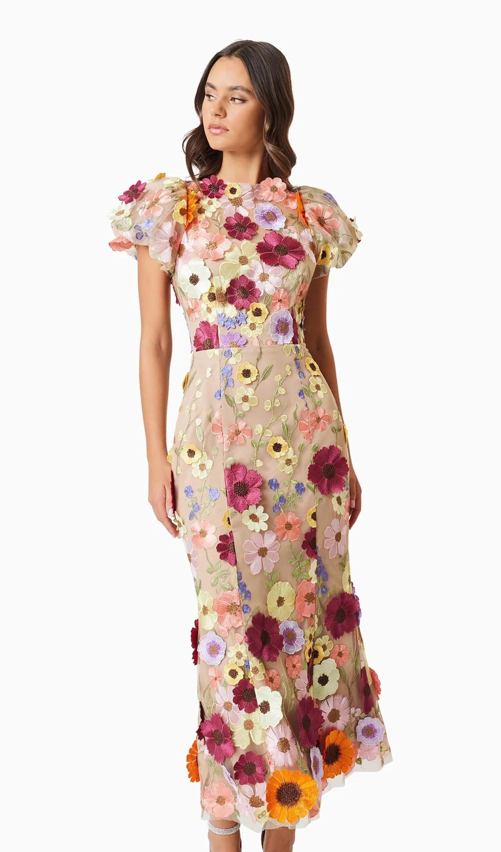 Floral 3D Lace Midi Dress In Apricot