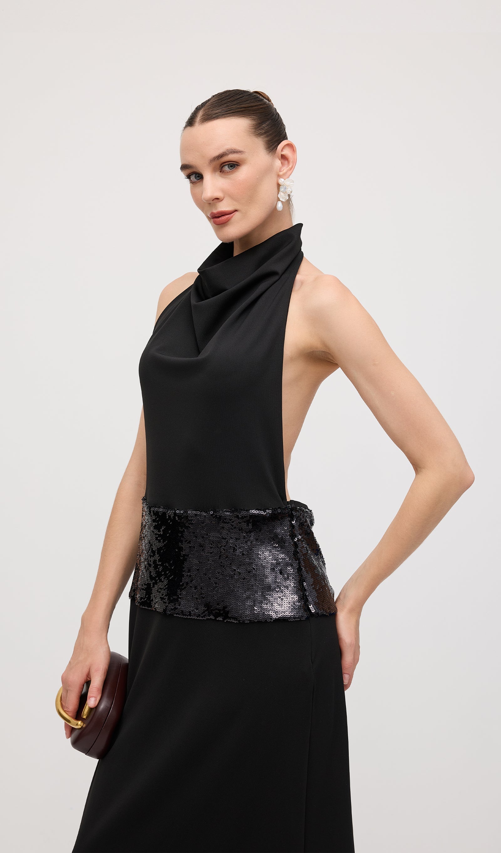 Draped Cowl Neck Open Back Maxi Dress