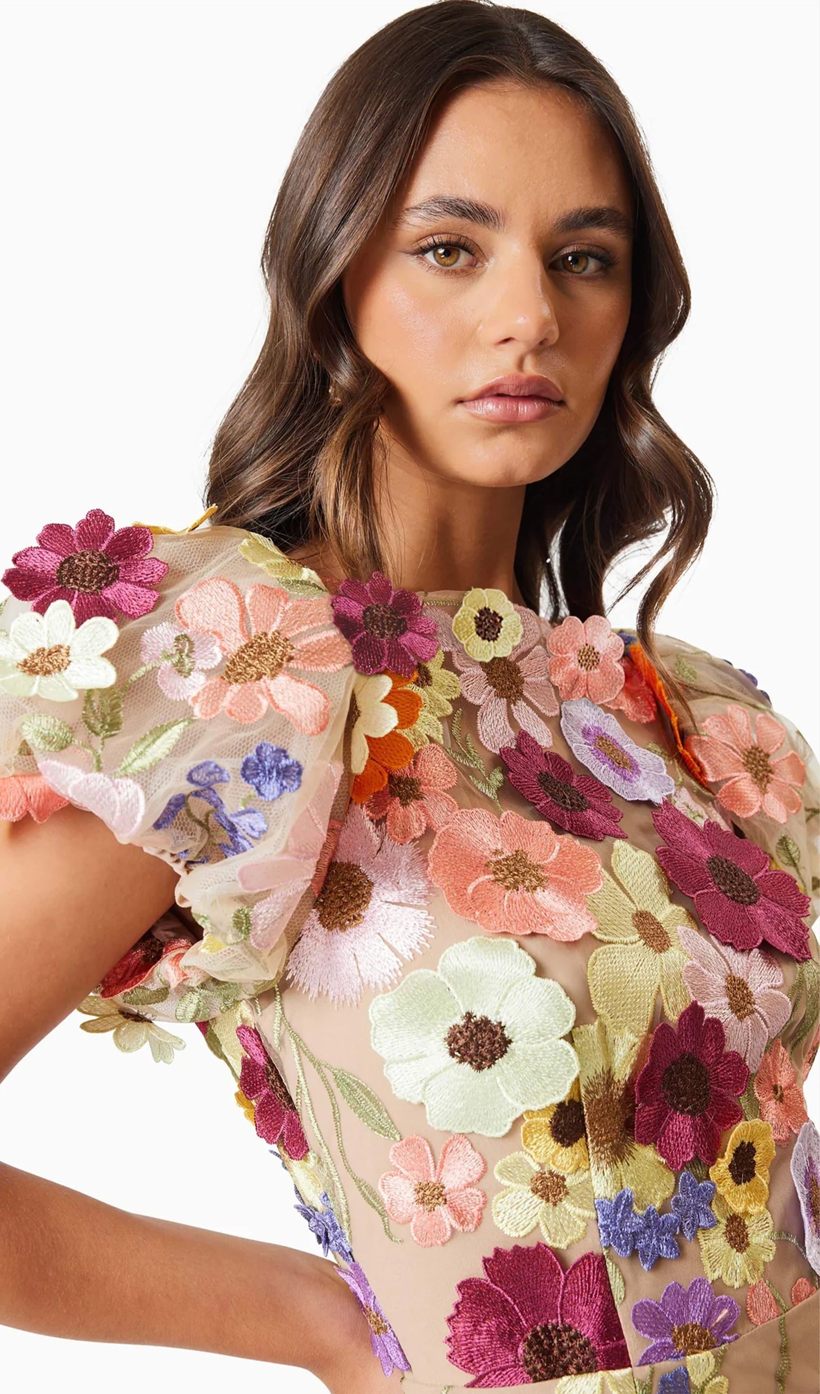 Floral 3D Lace Midi Dress In Apricot