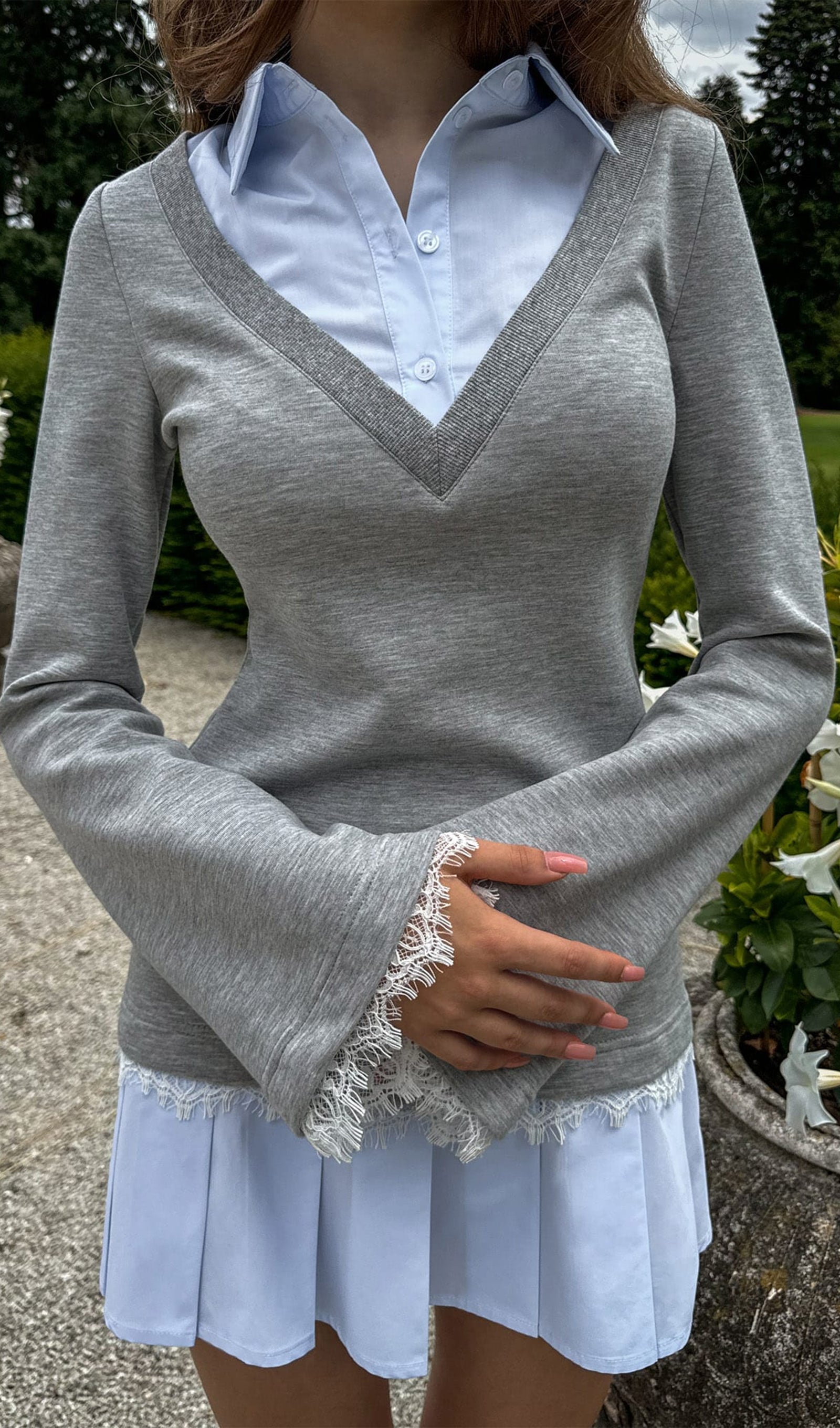 Shirt With Imitation Lace Decor Mini Dress In Grey