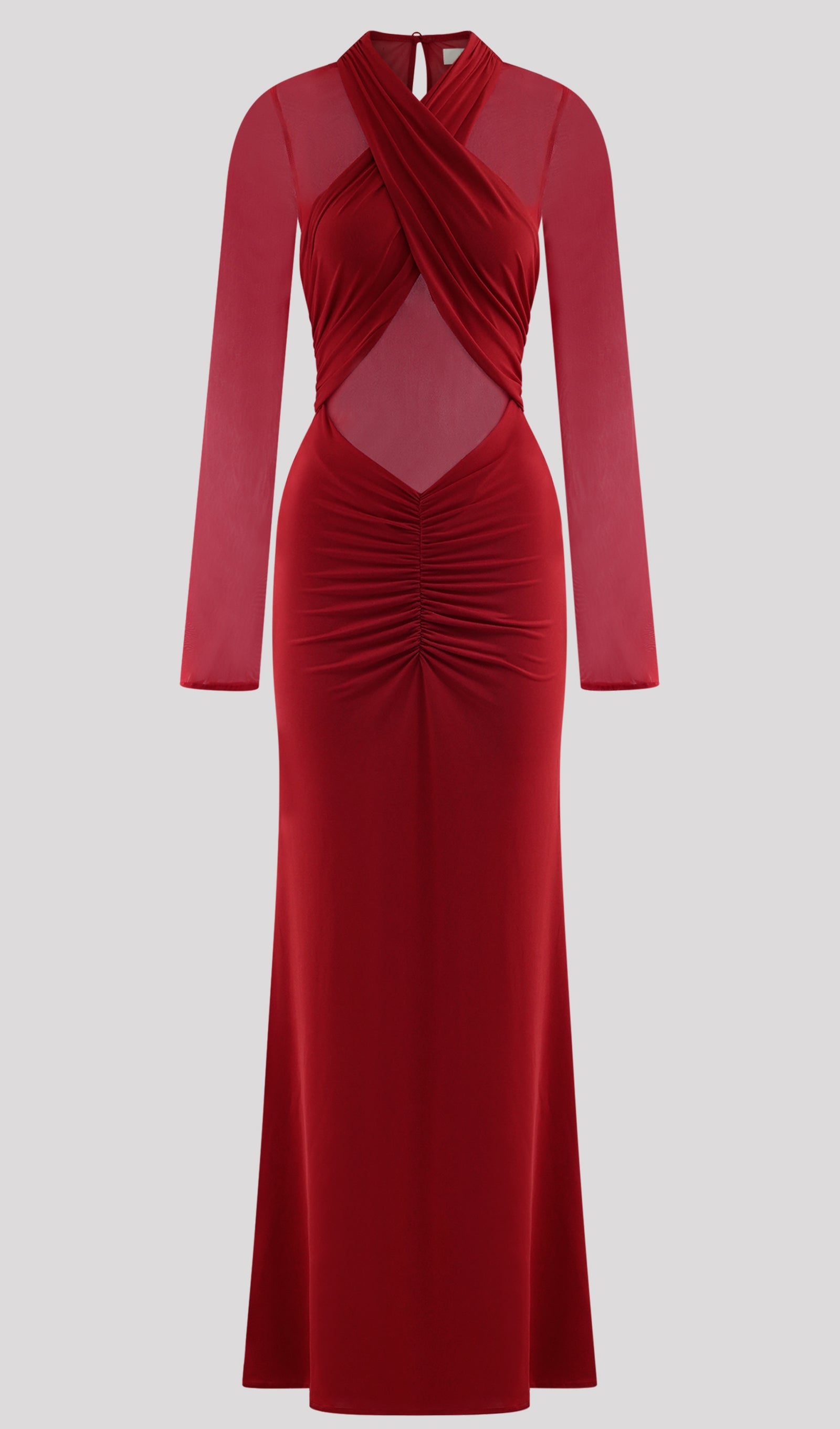Slinky And Mesh Long Sleeve Maxi Dress In Red