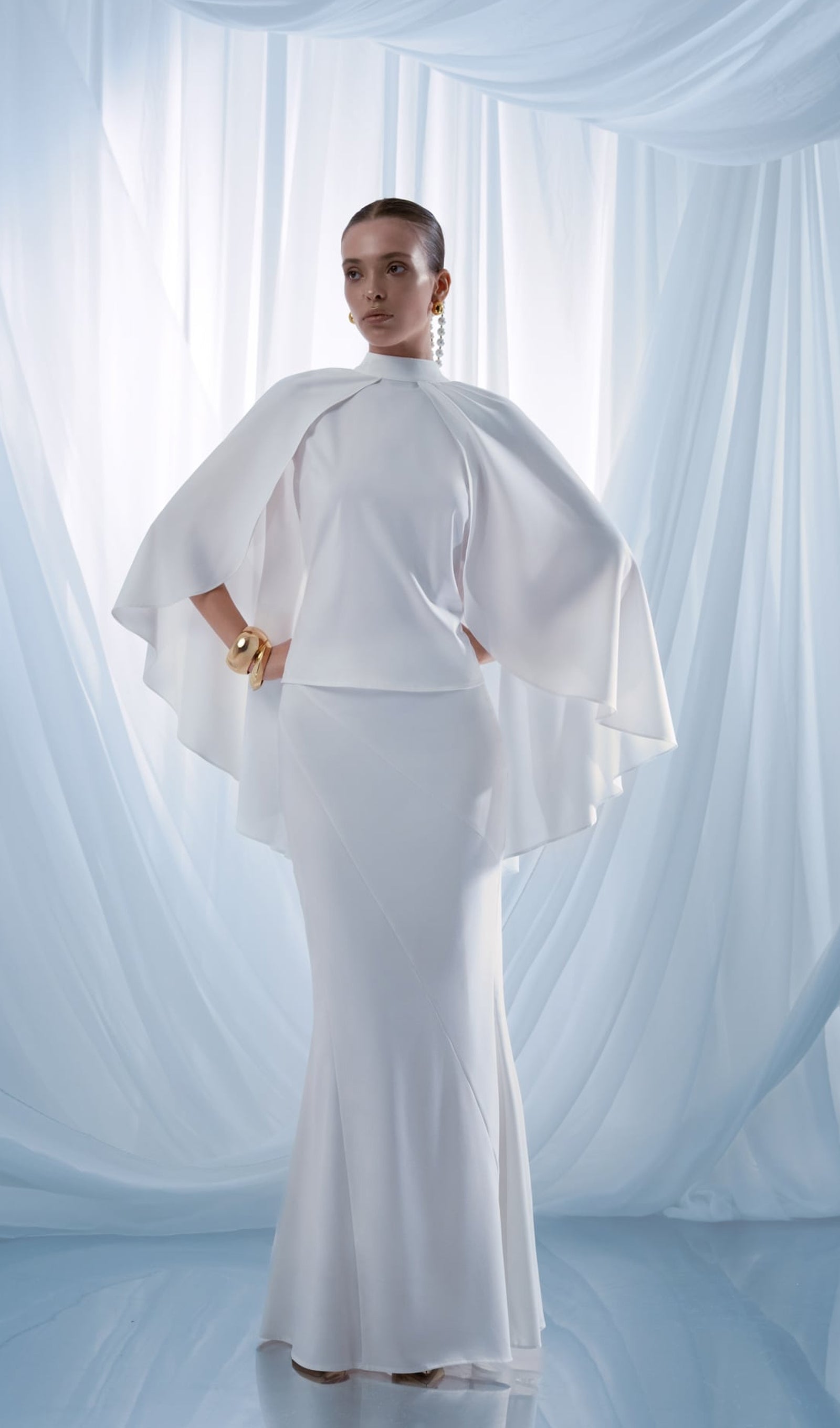 Blouse With Tonal Cape And Flared Maxi Skirt Sets