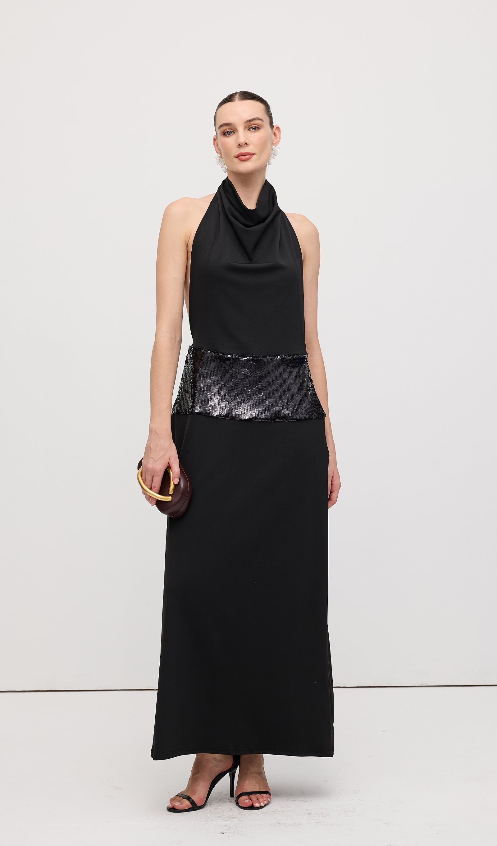 Draped Cowl Neck Open Back Maxi Dress