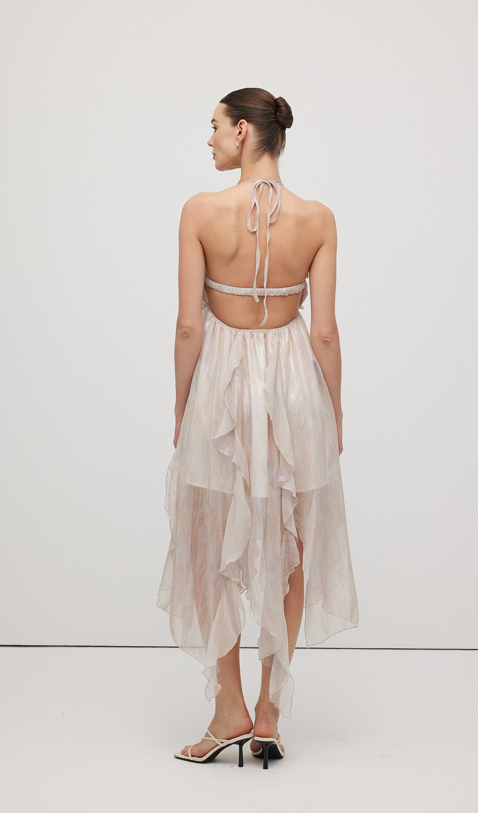 Halter Tulle Pleated Midi Dress In Pink