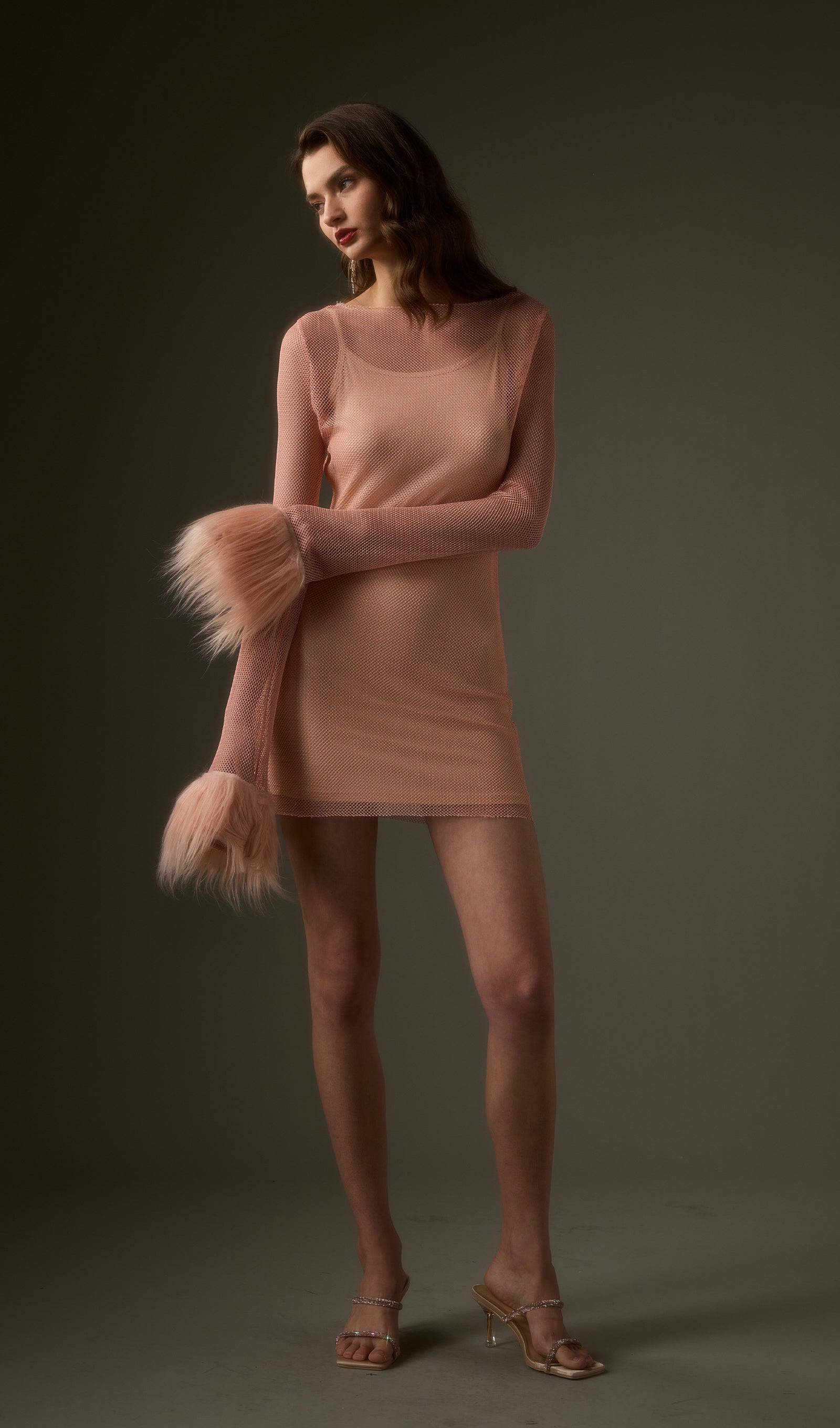 Sheer Rhinestone Mini Dress in Pink