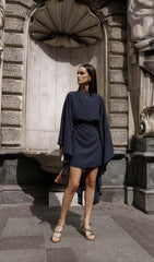 Mini Dress With Flowing Cape In Navy