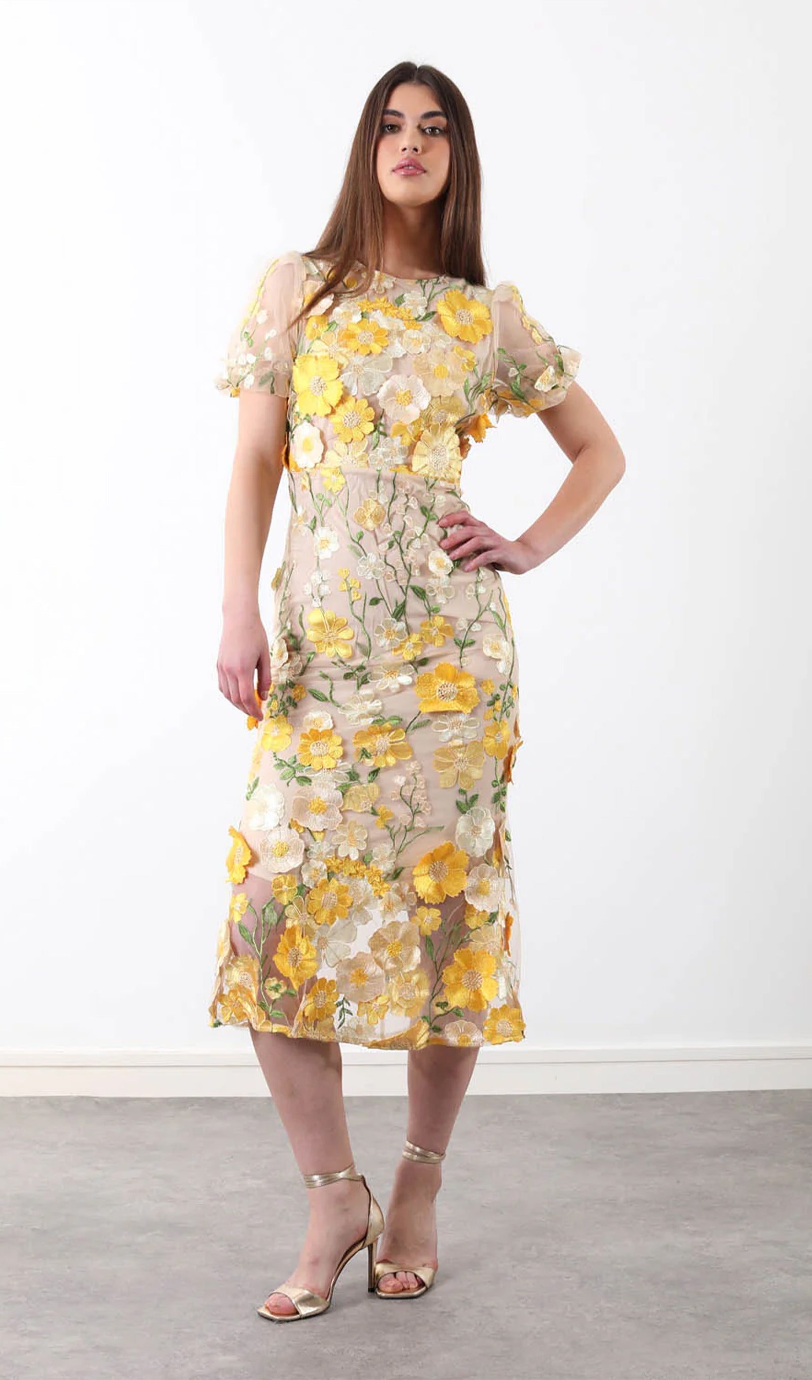 Floral 3D Lace Midi Dress In Yellow