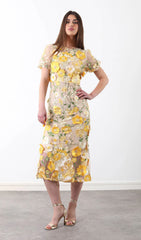 Floral 3D Lace Midi Dress In Yellow