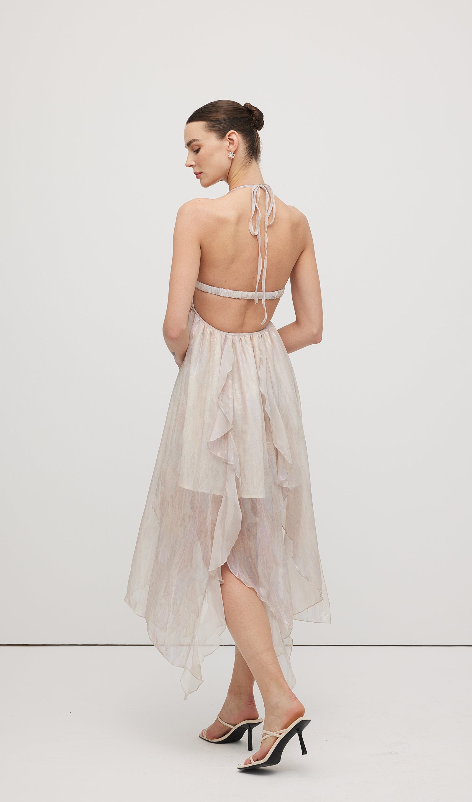 Halter Tulle Pleated Midi Dress In Pink