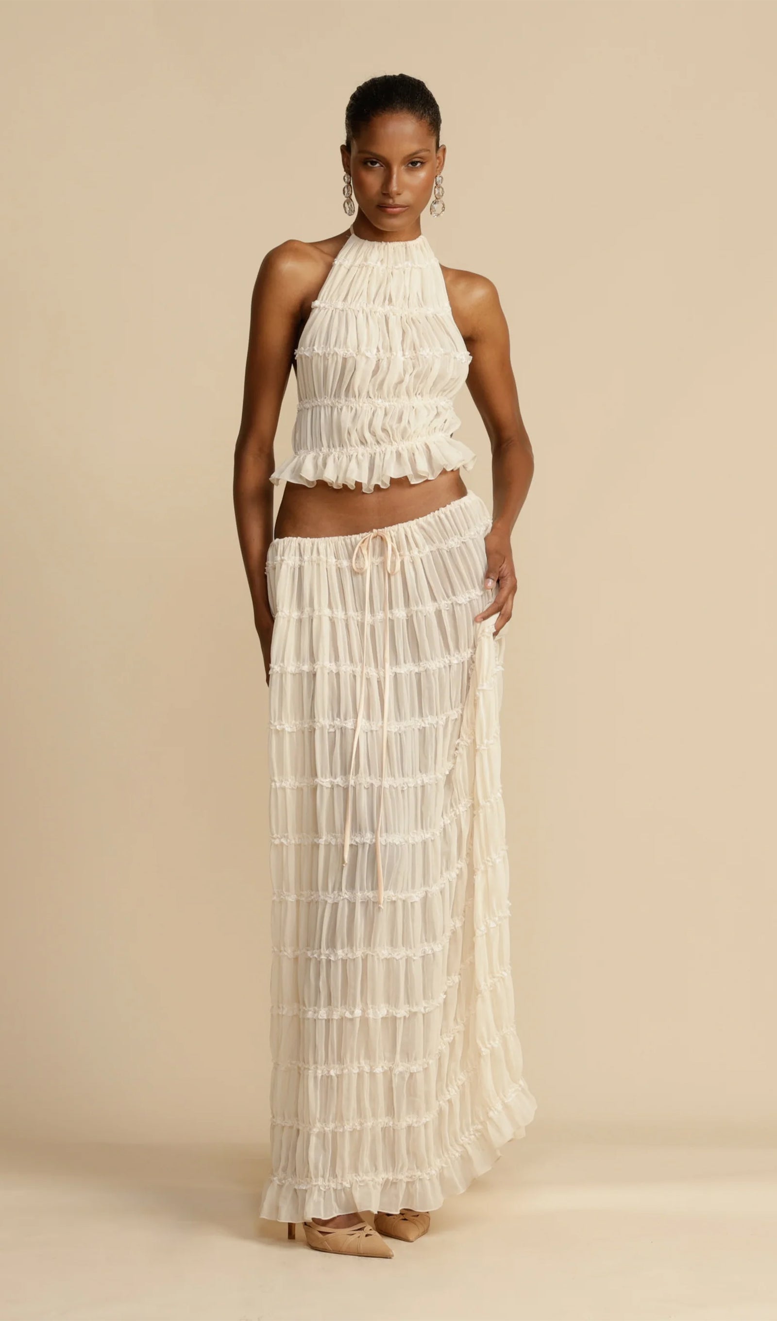 Halter Top & Ruched Detail Maxi Skirt Sets