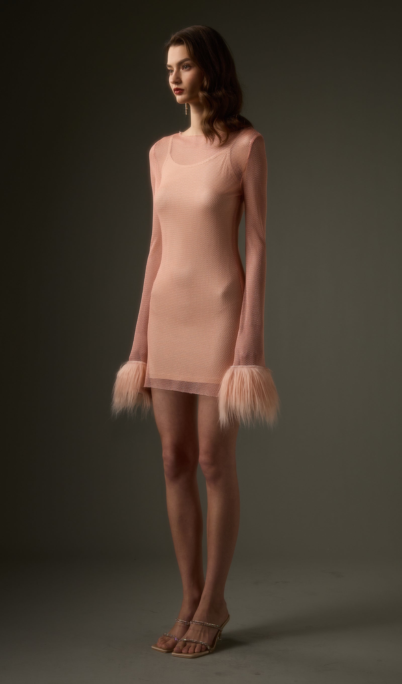 Sheer Rhinestone Mini Dress in Pink