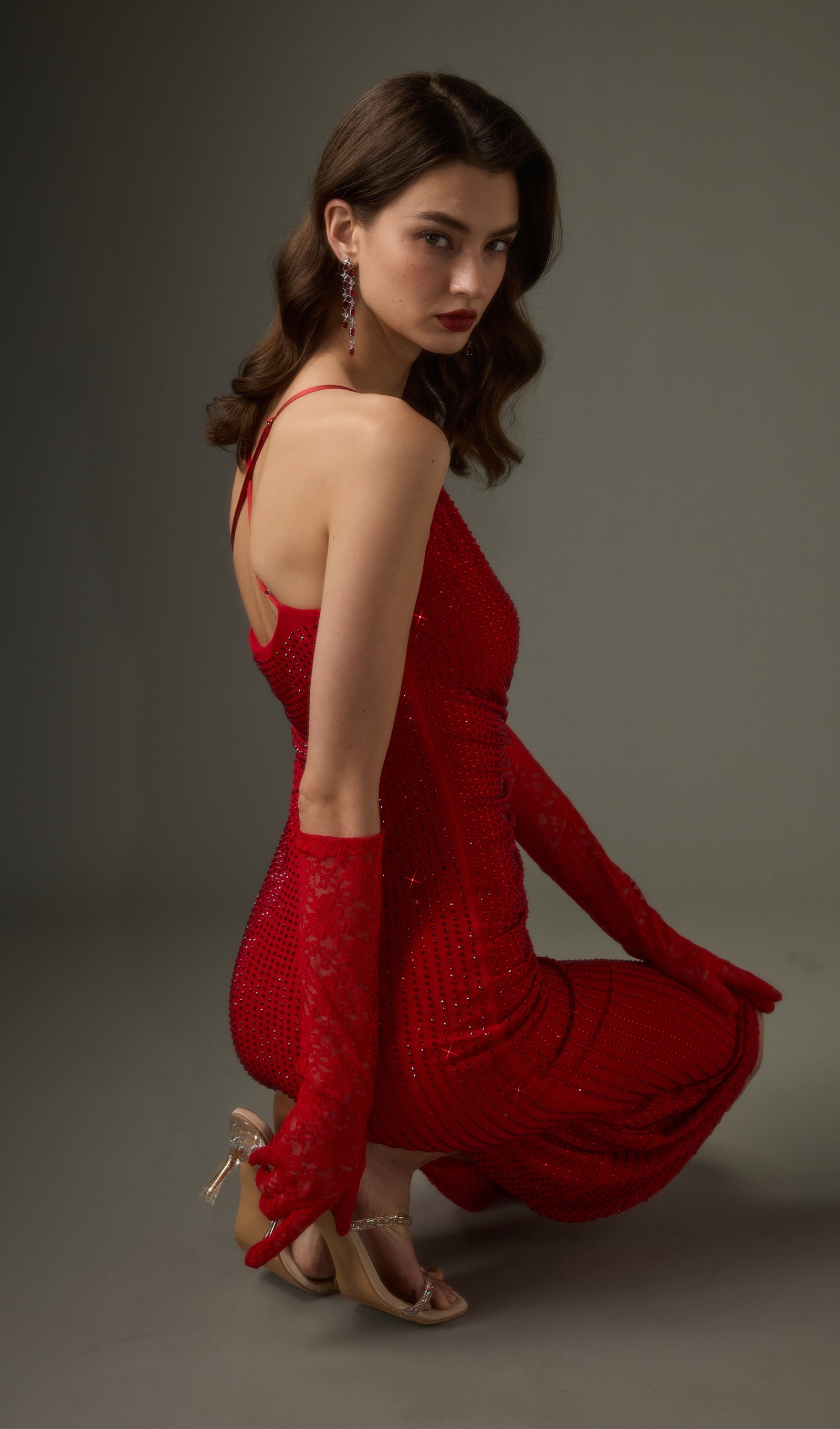 Diamante Ruched Midi Dress In Red