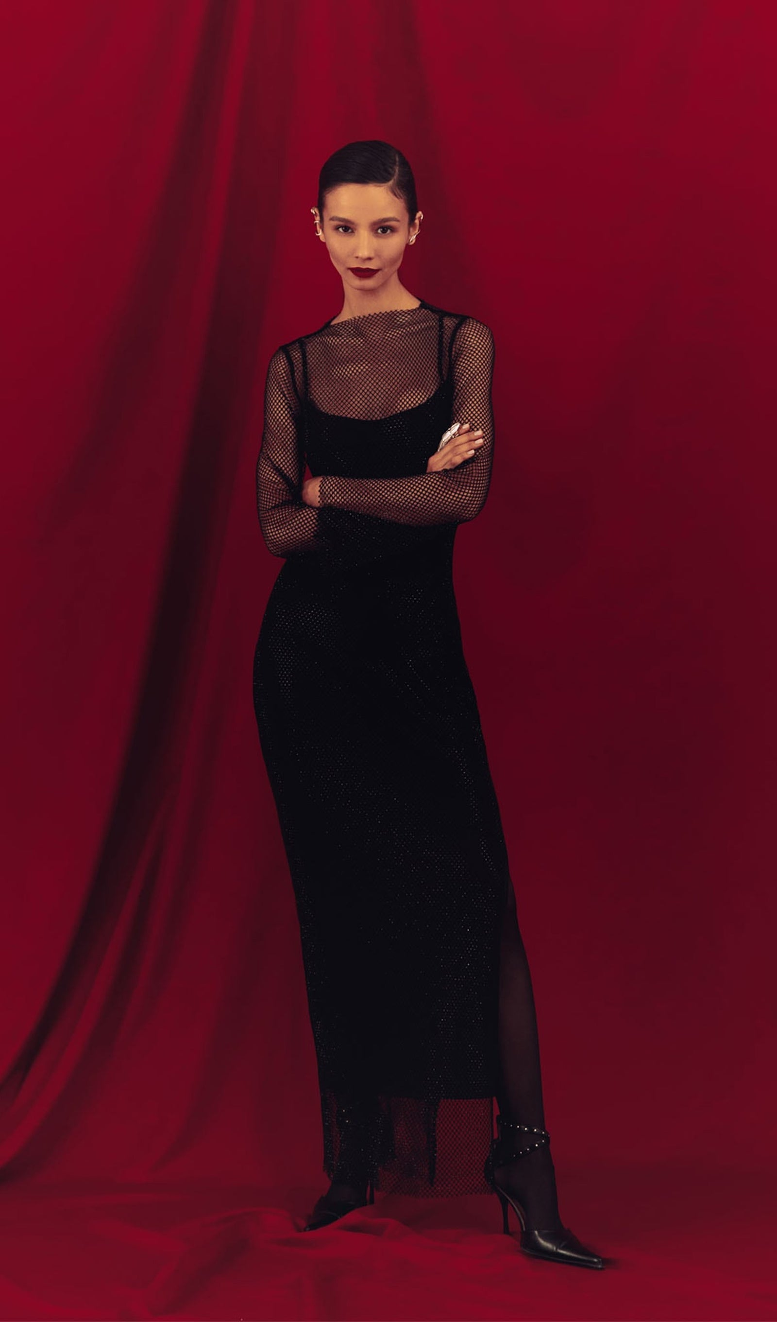 Mesh With Monochrome Lining  Maxi Dress In Black