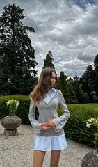 Shirt With Imitation Lace Decor Mini Dress In Grey