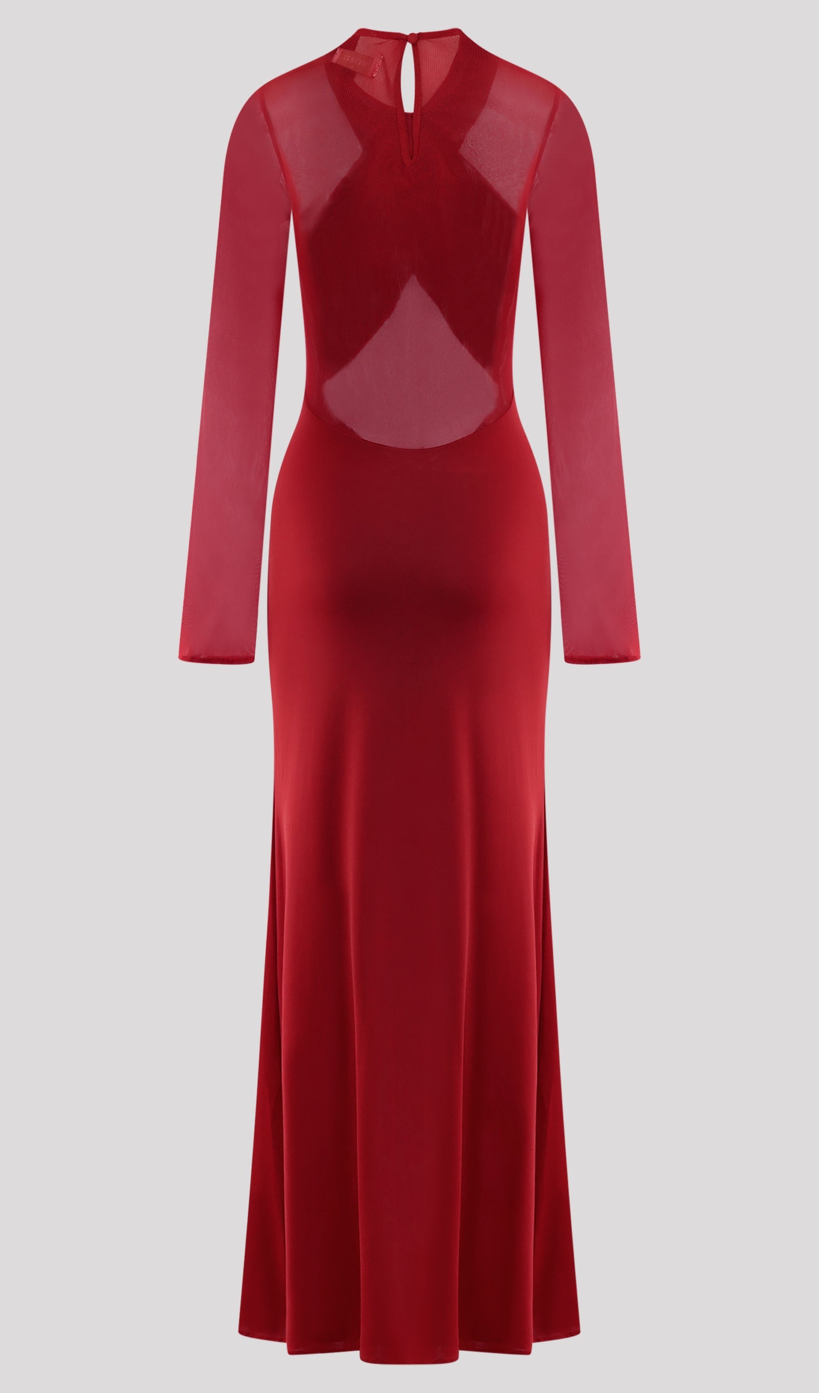 Slinky And Mesh Long Sleeve Maxi Dress In Red