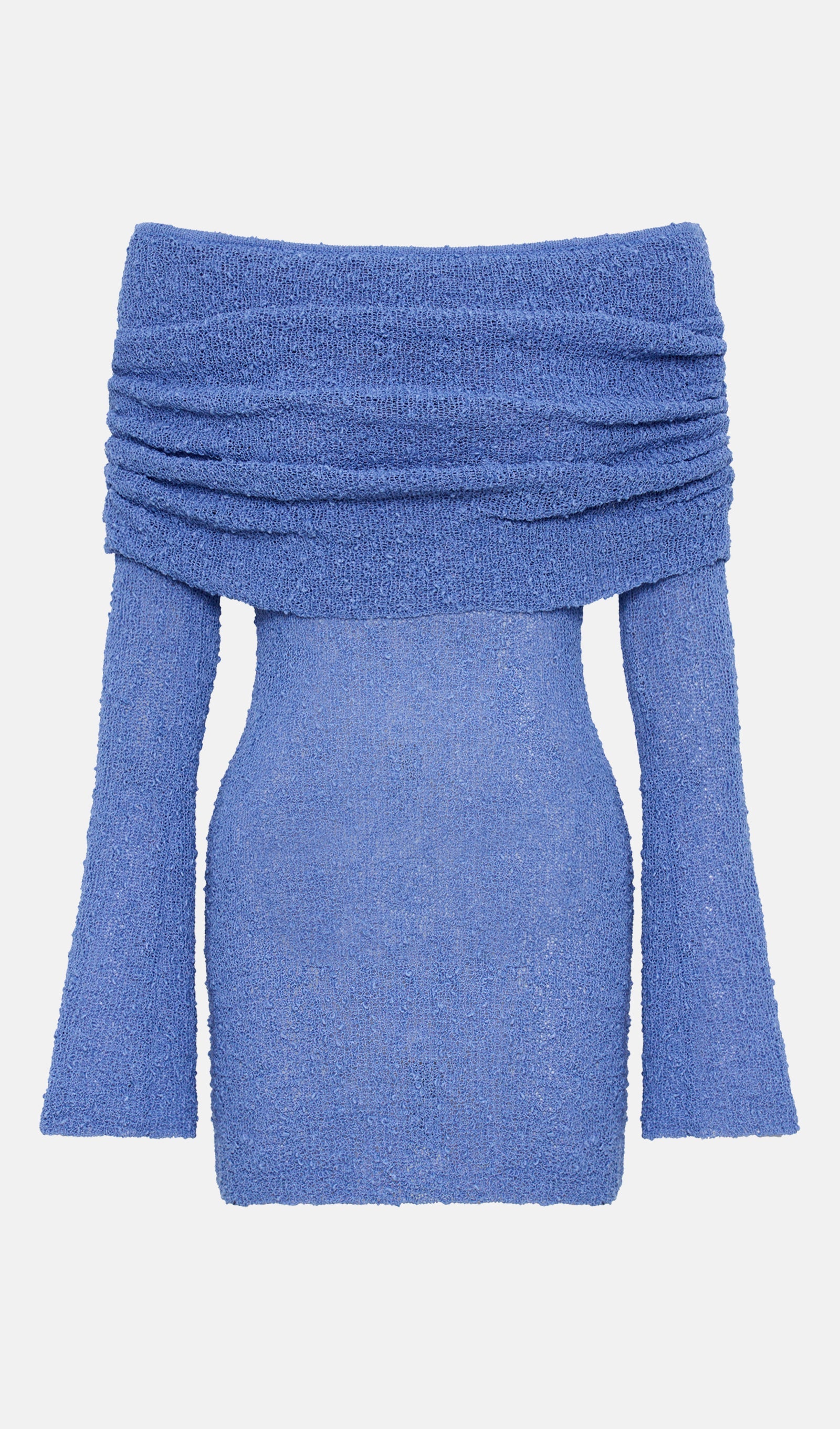 Off Shoulder Boucle Knit Mini Dress In Blue