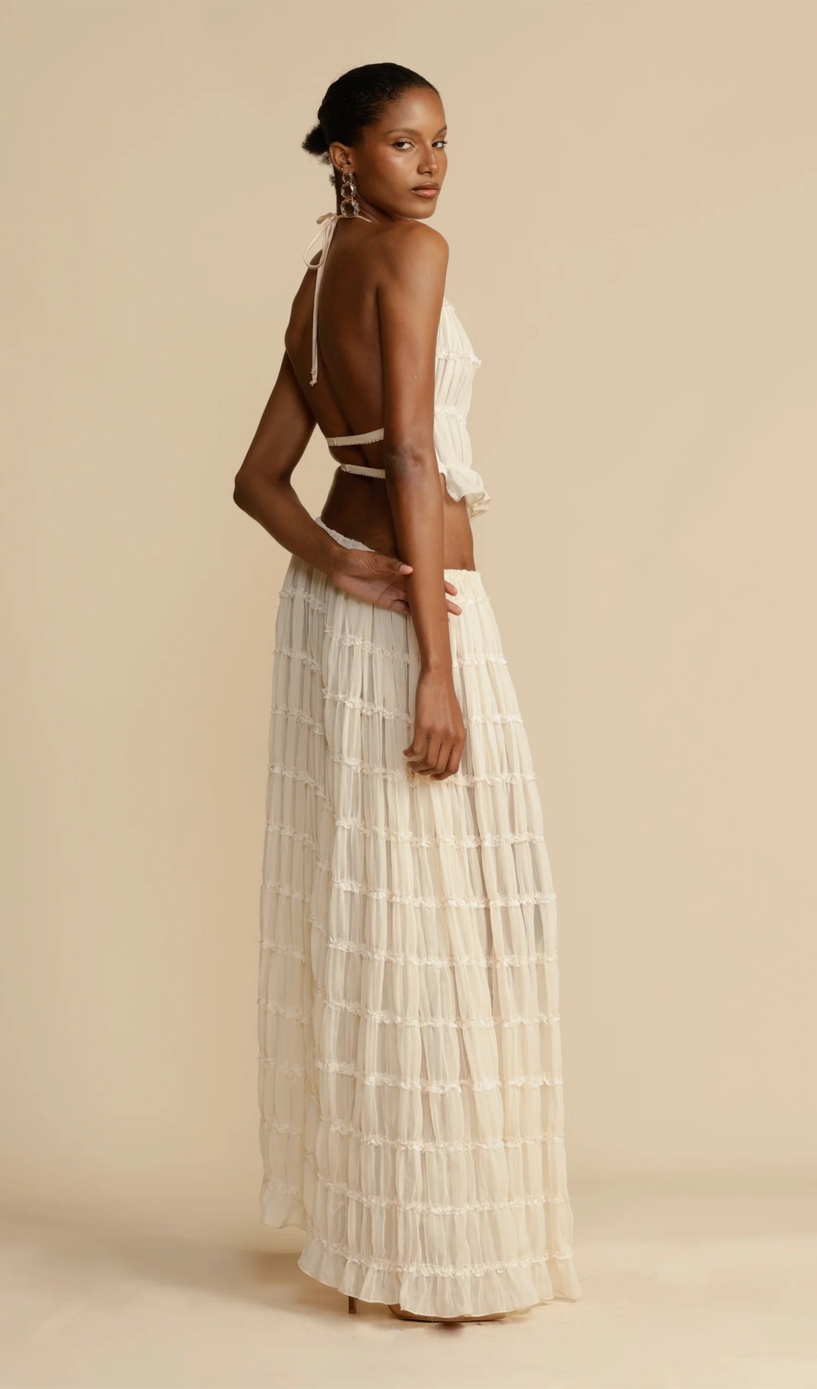 Halter Top & Ruched Detail Maxi Skirt Sets