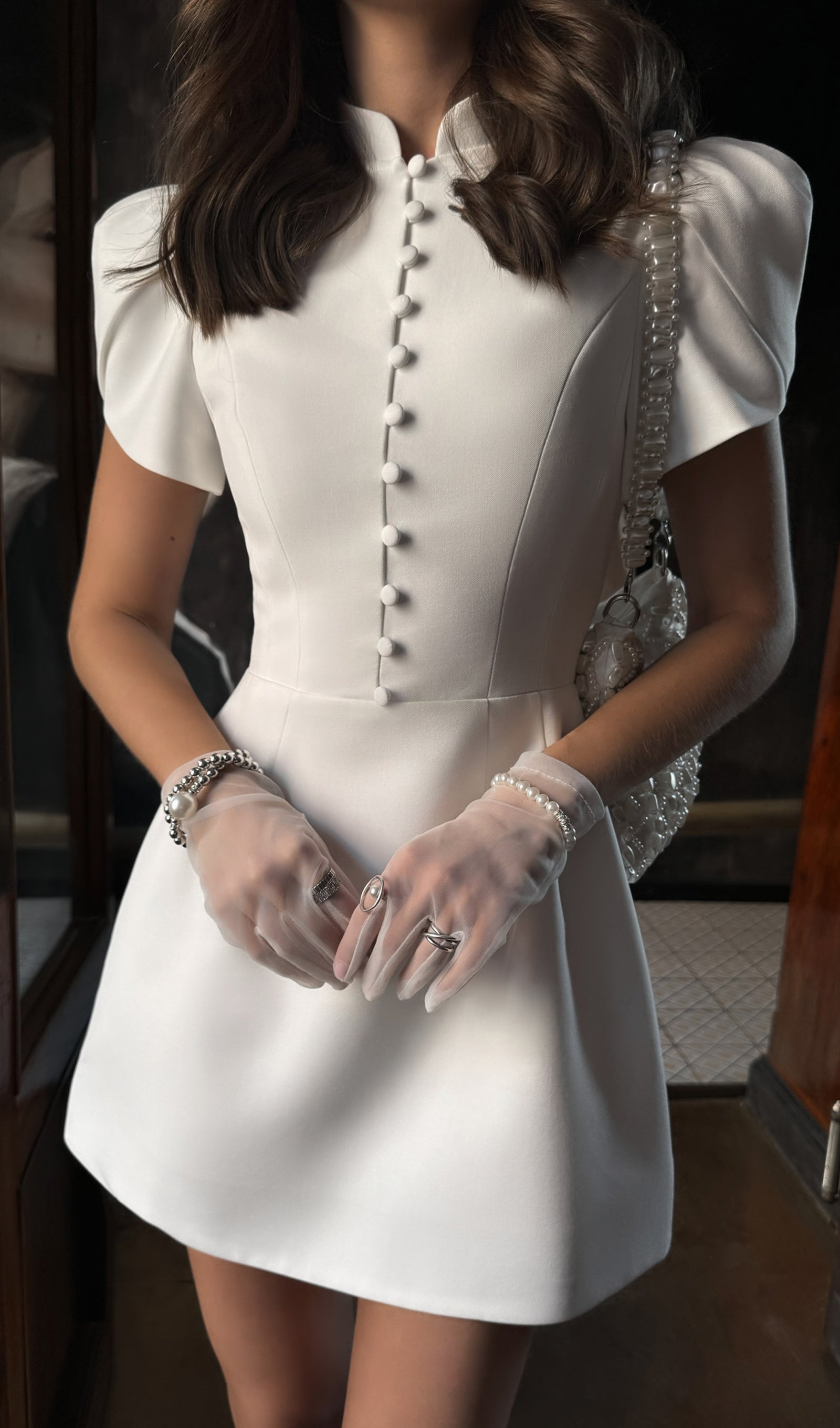 Mini Dress With High Collar In White