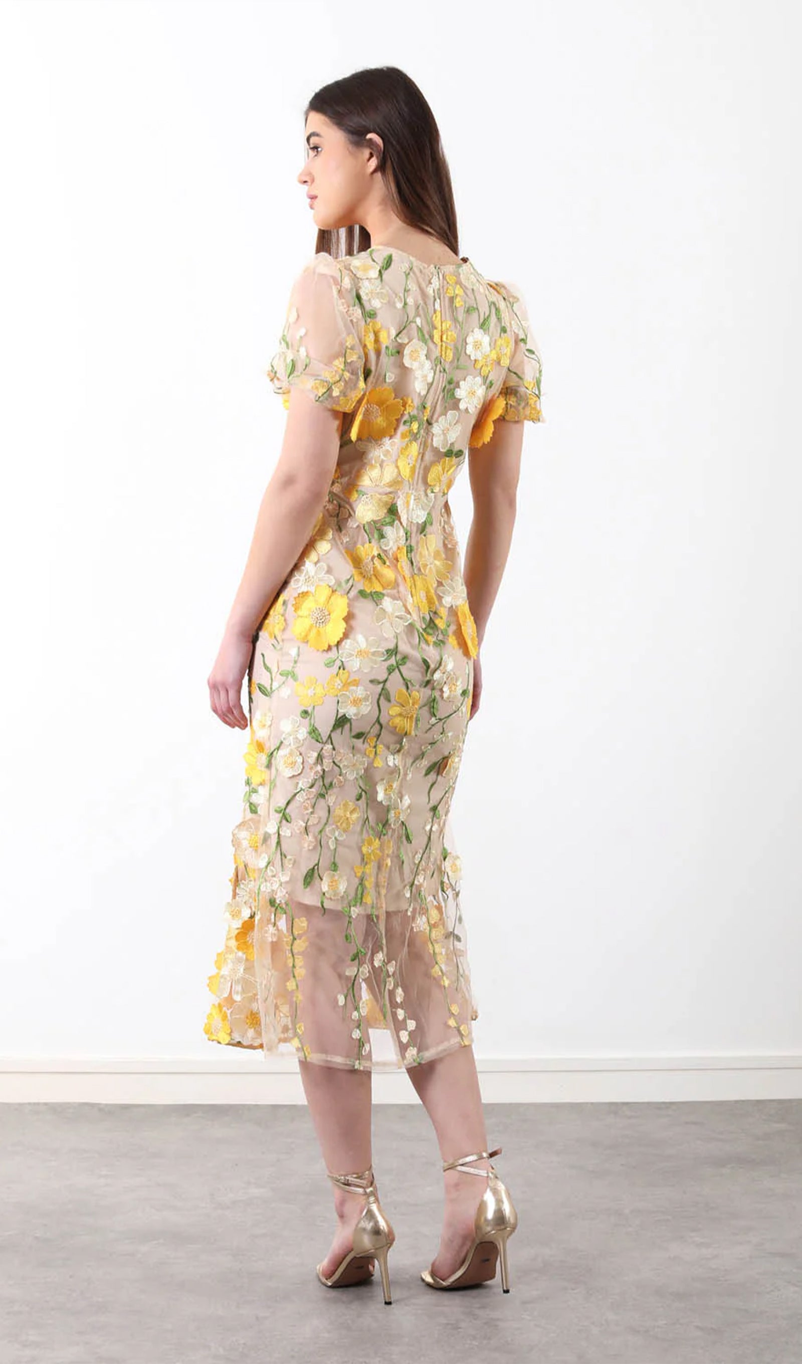 Floral 3D Lace Midi Dress In Yellow